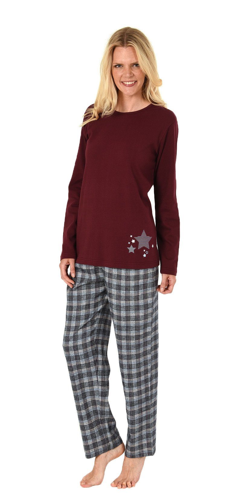 Normann Pyjama Damen Flanell Pyjama Mix & Match Oberteil mit Sterne Motiv