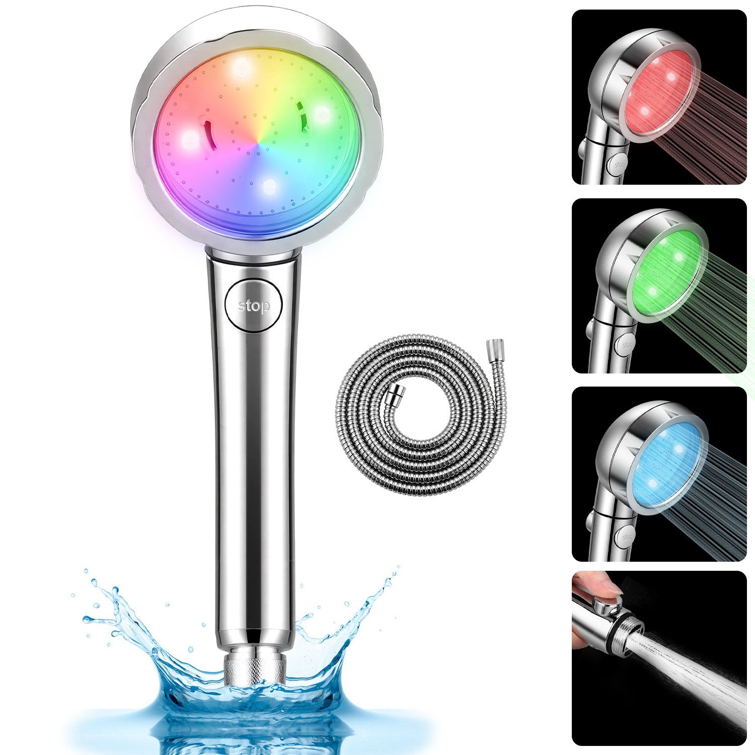 CkeyiN Pro Duschbrause Brausekopf mit 7 Farben,Farbwechsel Duschbrause, Wassersparend Handbrause Dusche