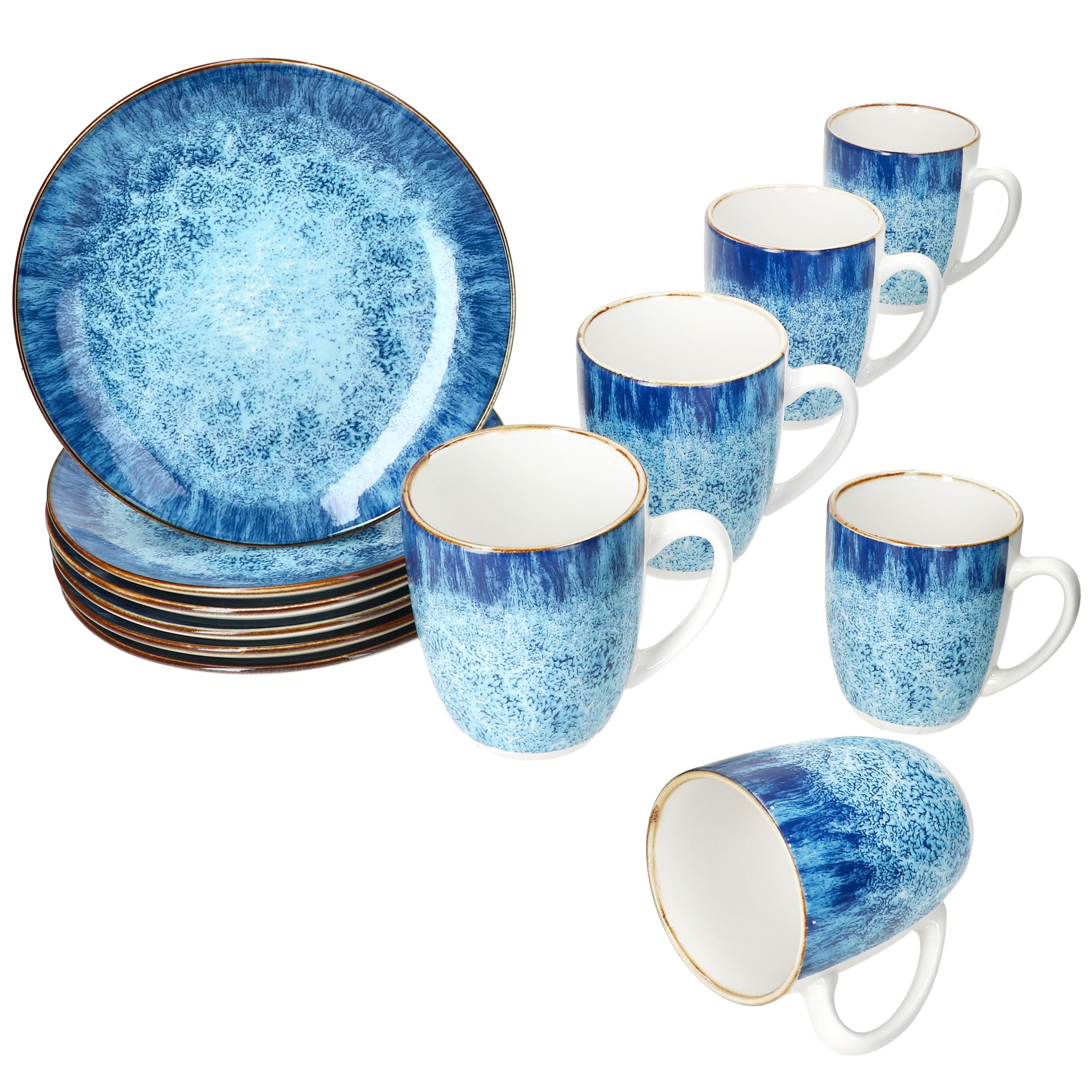 Frühstücks-Geschirrset Marina 12tlg Frühstücksset Porzellan 6 Pers Teller Becher blau