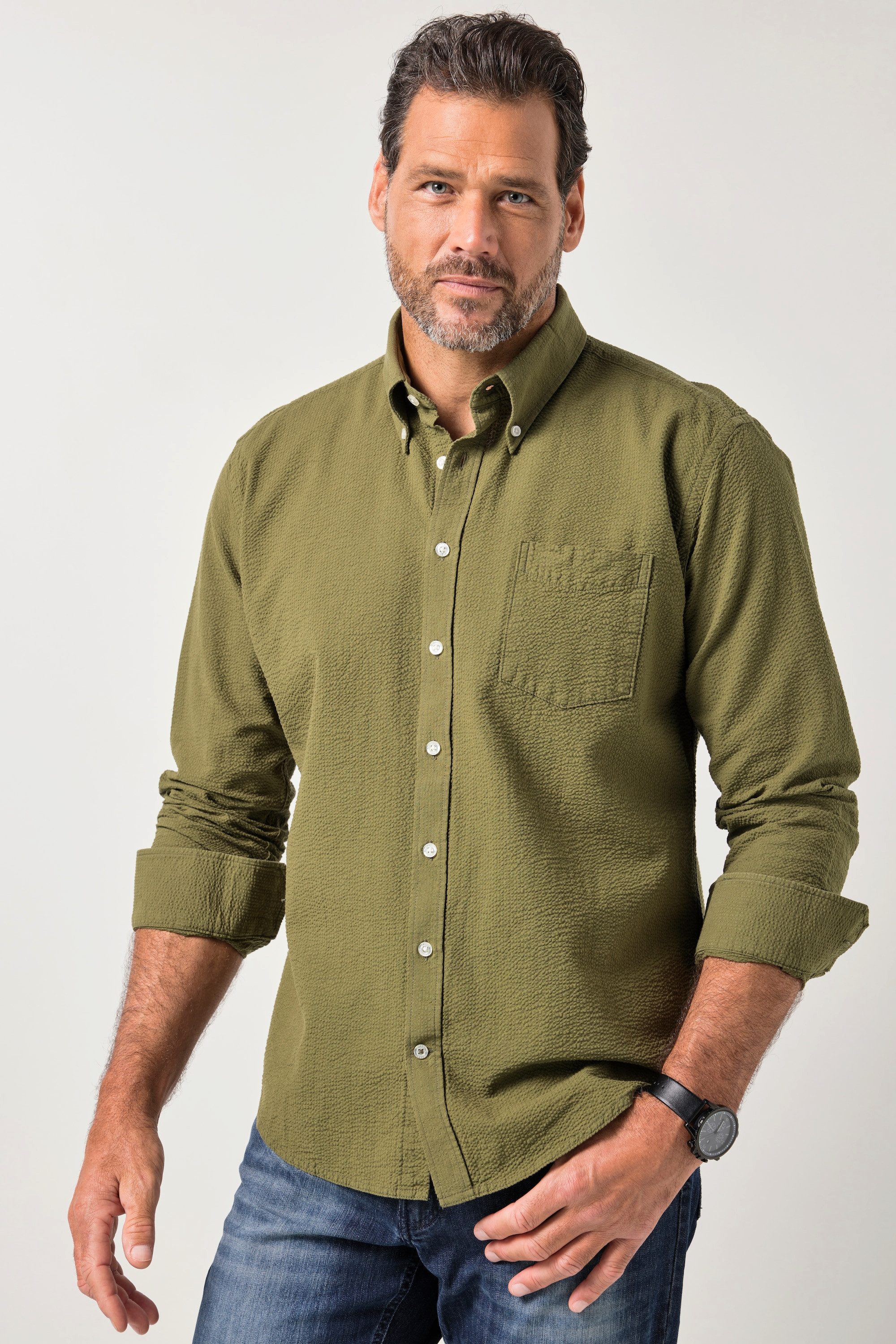 JP1880 Businesshemd Seersucker-Hemd Langarm Buttondown-Kragen