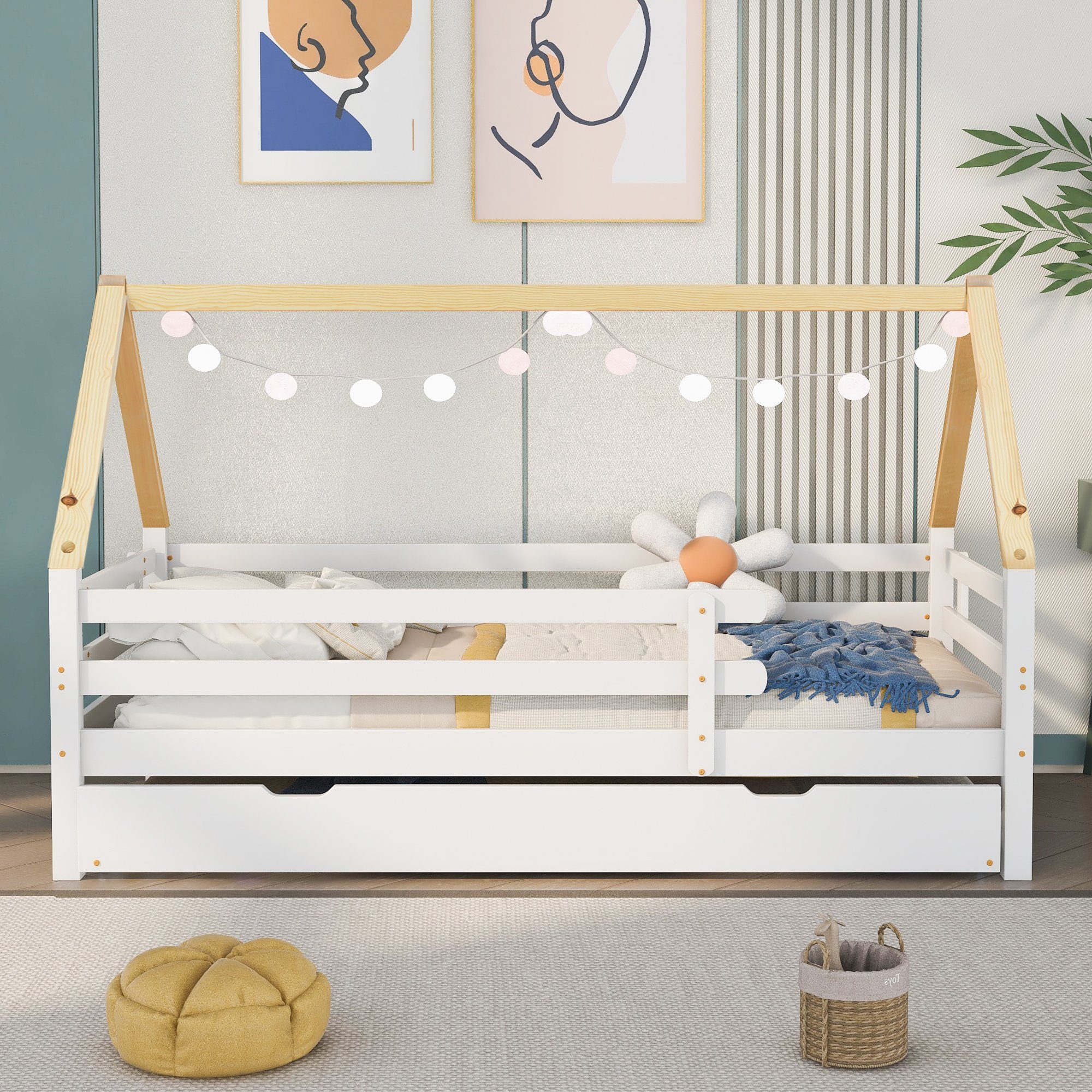SOFTWEARY Kinderbett Rausfallschutz aus Schlafgelegenheit Hausbett 2. Lattenrost cm), mit (90x200 und Einzelbett inkl. Kiefer