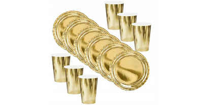 Festivalartikel Einweggeschirr-Set Set mit 12 goldenen Einweg-Tellern und Bechern, elegant, papier