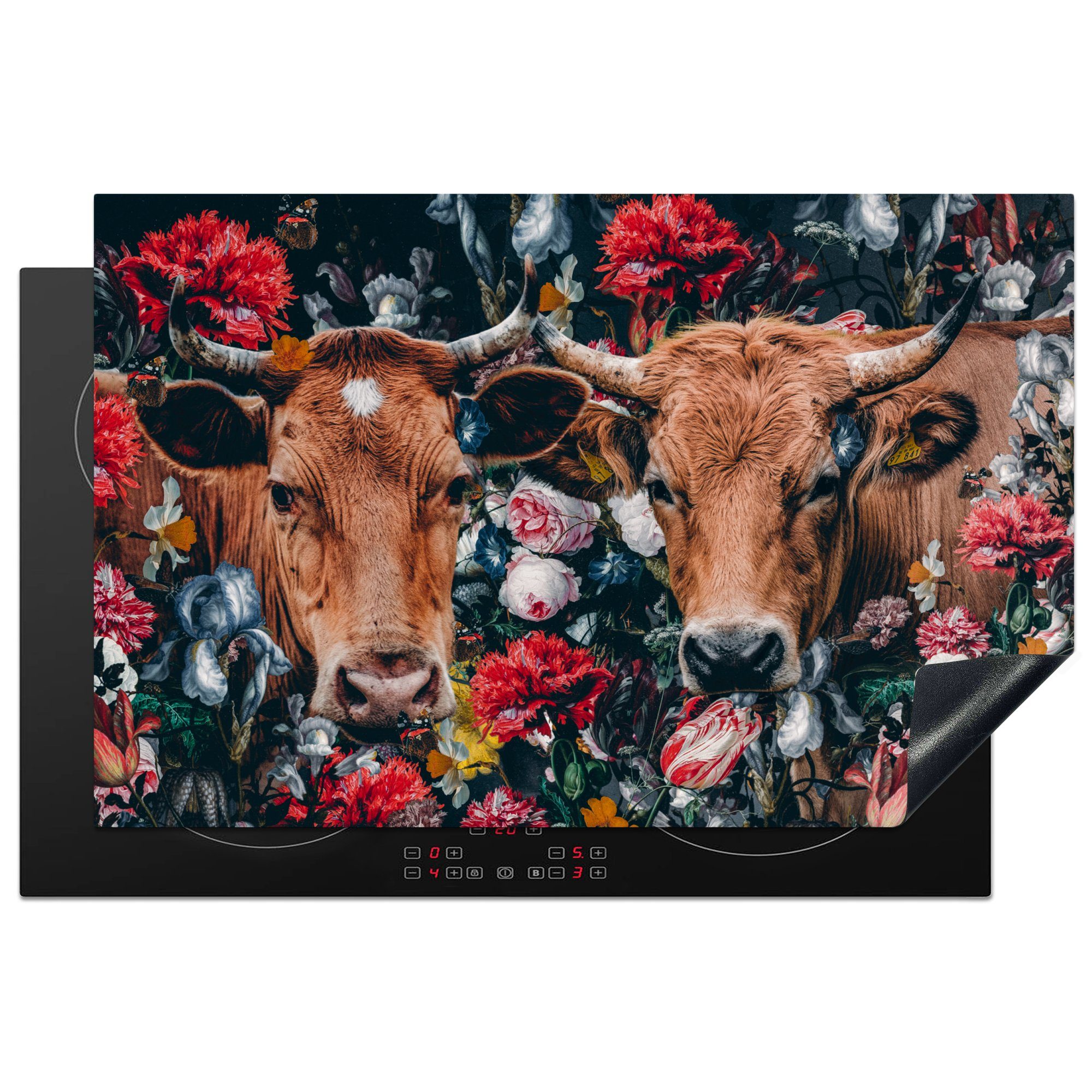 ist im Angebot! MuchoWow Herdblende-/Abdeckplatte Kuh - Vinyl, - Porträt, Schutz Induktionskochfeld 81x52 (1 - tlg), cm, Blumen Tiere küche, die Ceranfeldabdeckung für