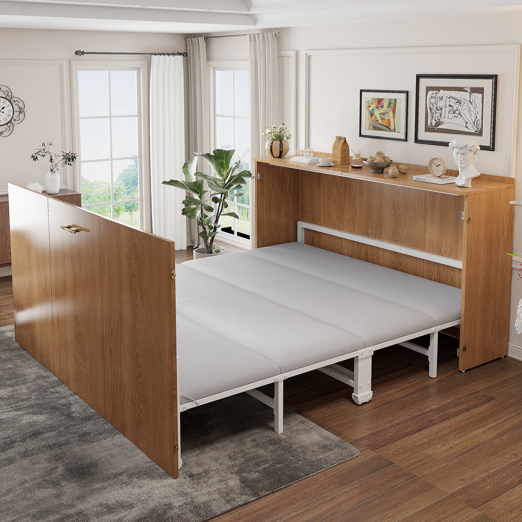 Celya Klappbett Platzsparendes Gästebett, Ausziehbarer Schrankbettrahmen (140 x 200 cm, mit Leinenmatratze, Metallgestell und Leisen Rollen) ideal für Gästezimmer oder multifunktionale Wohnbereiche