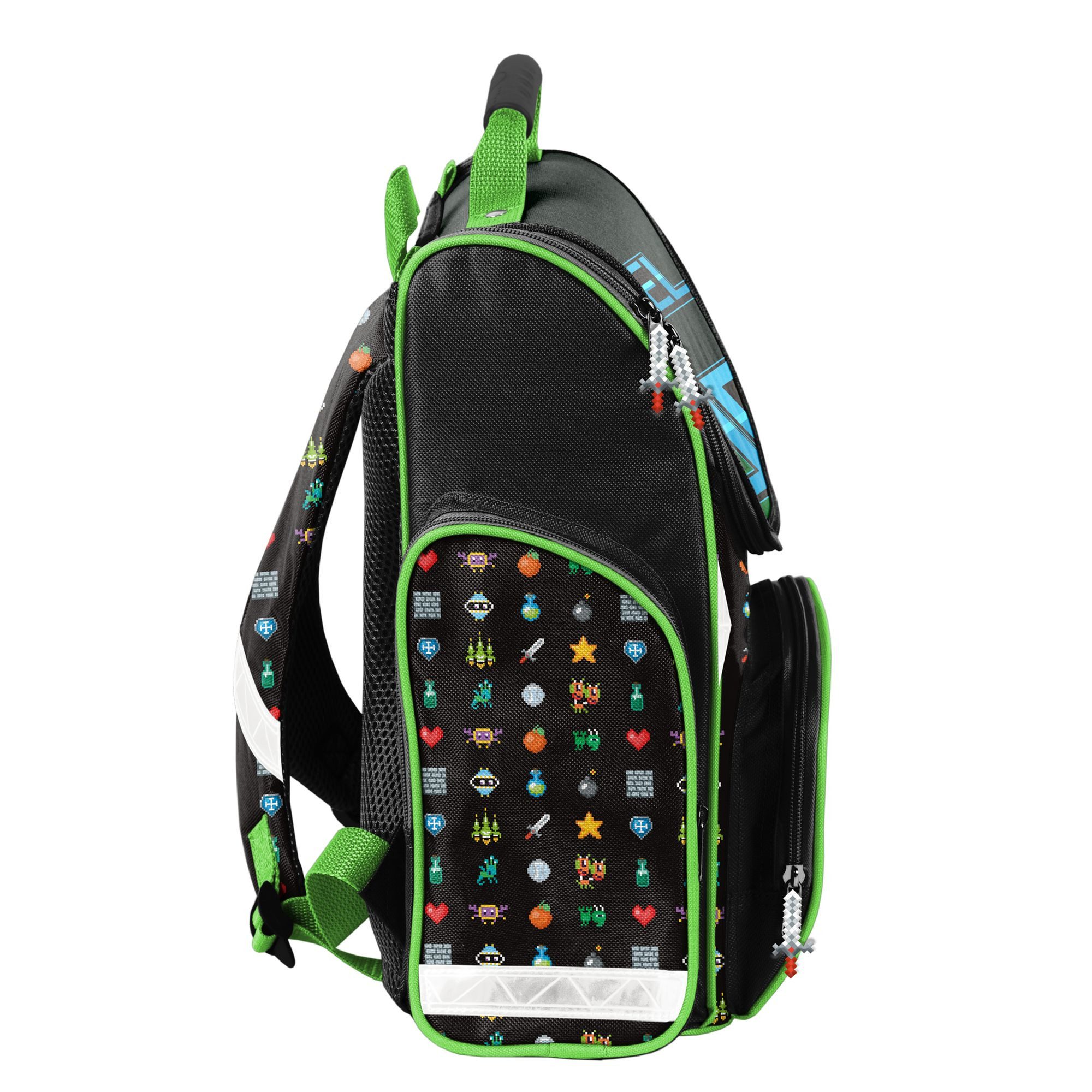 PASO Schulranzen SCHULSET: RANZEN + TURNBEUTEL + BEFÜLLTE FEDERMAPPE - LEVEL UP! (3-teilig, Gaming / Gamer), schwarz, grün, blau – Bild 4 von 5