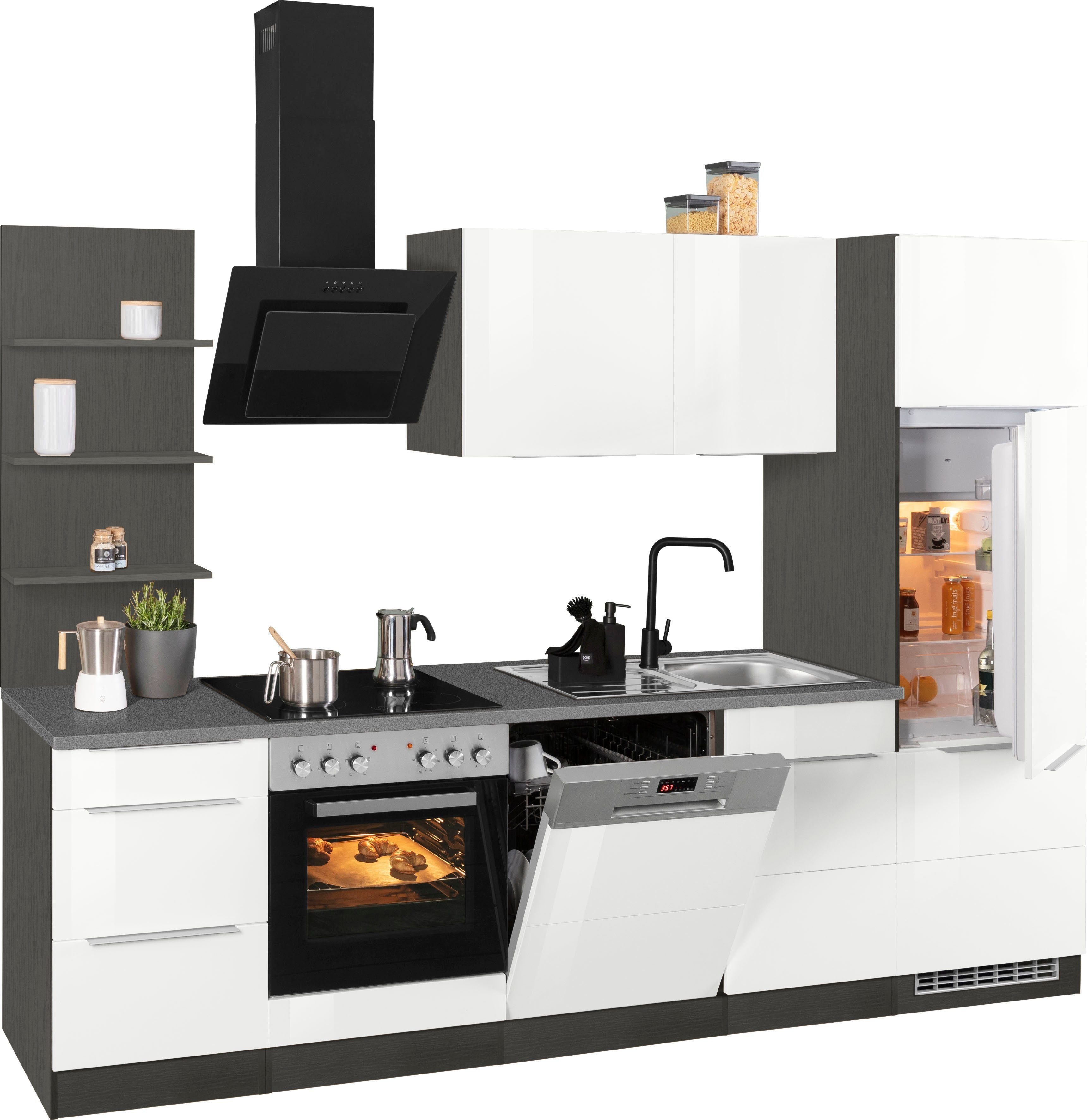 E-Geräten, Hochglanz/grafit Küchenzeile cm 280 weiß Breite mit HELD MÖBEL | grafit Brindisi,