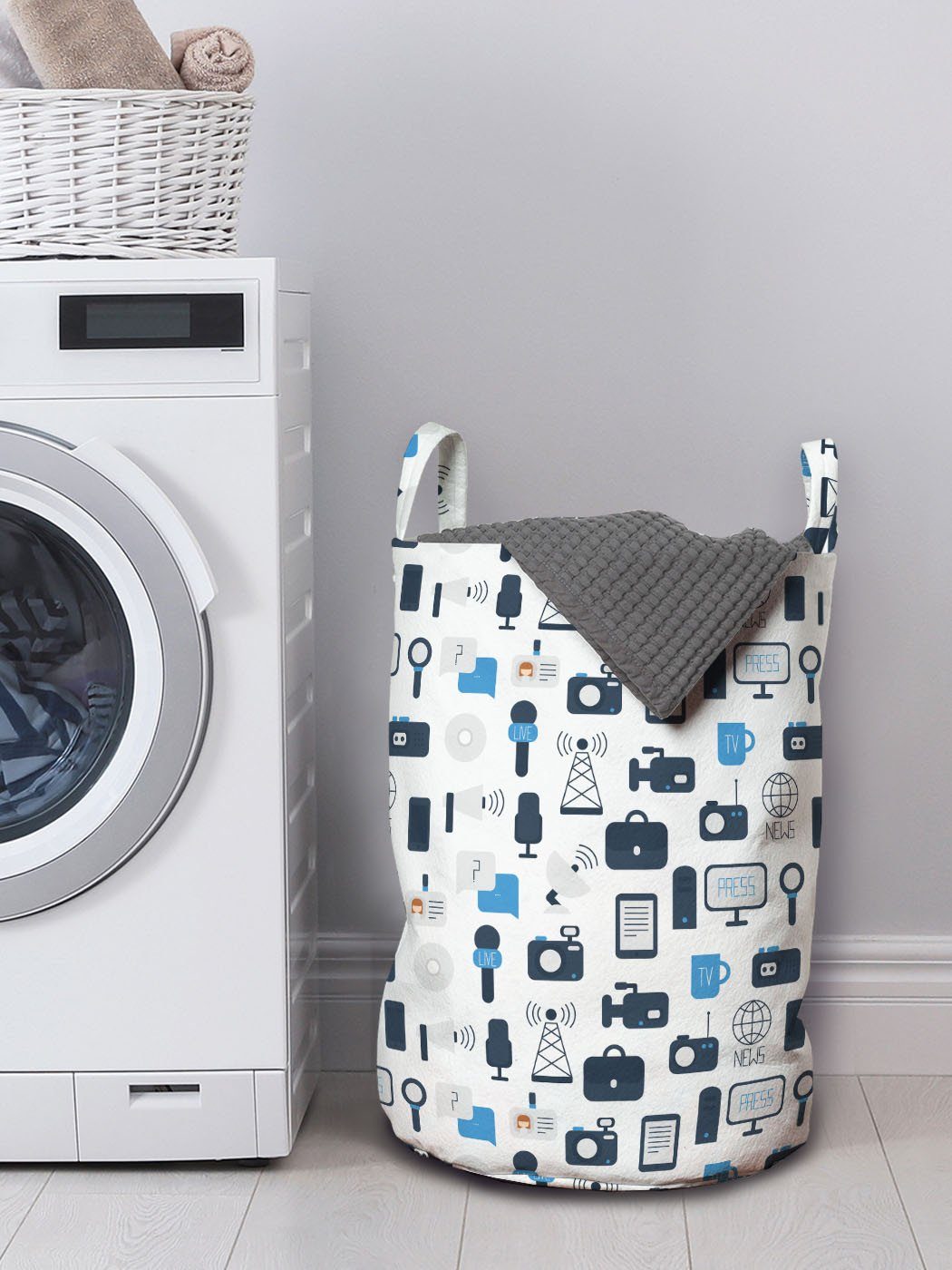 Abakuhaus Wäschesäckchen Wäschekorb mit und für Waschsalons, weiß TV Blau Media Griffen Kordelzugverschluss