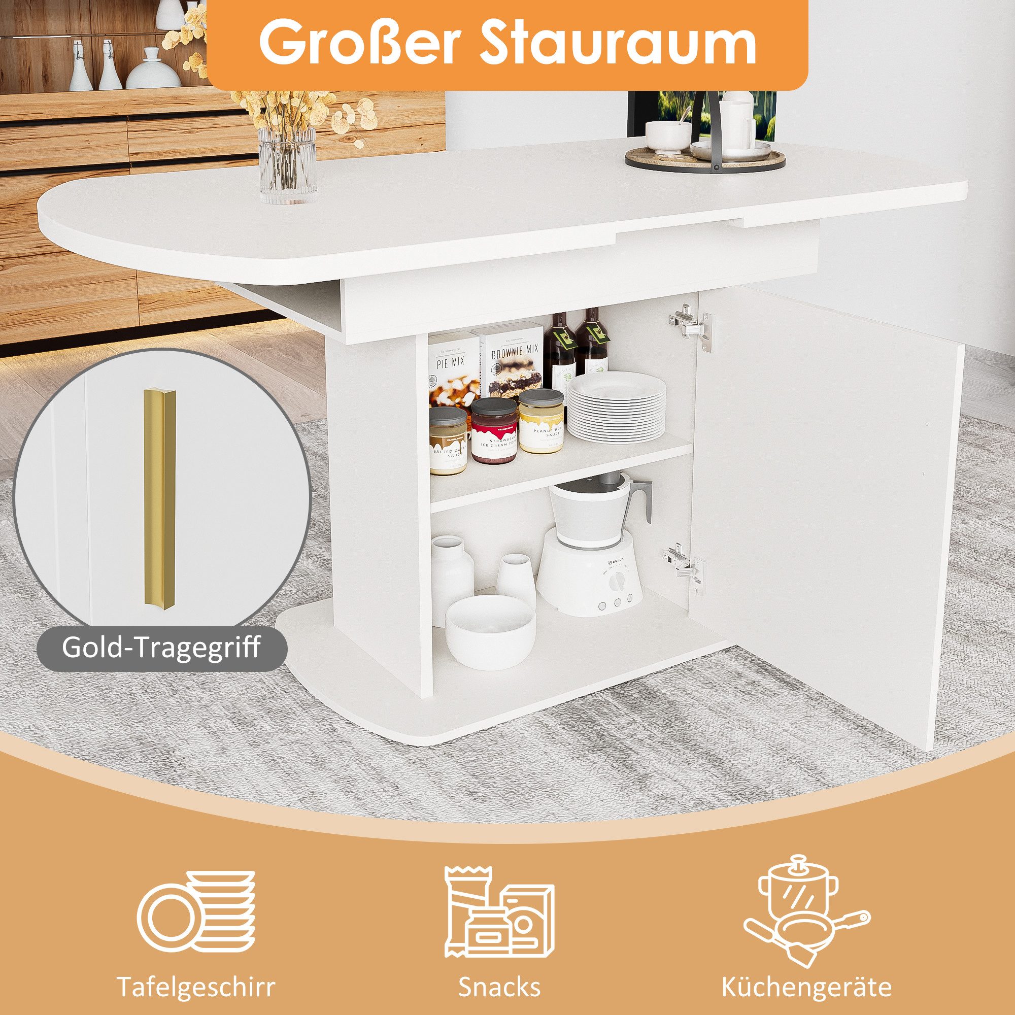 HAUSS SPOLE Esstisch 110/130x70x75cm, Ausziehbarer ovaler Esstisch mit Stauraum, weiß (Arbeitstisch, Schreibtisch,Küchentisch, 1-St., 2 Staufächer und 1 Aufbewahrungsschränke), ovaler, ausziehbar 110-130cm Tischplatte,mit Stauraum
