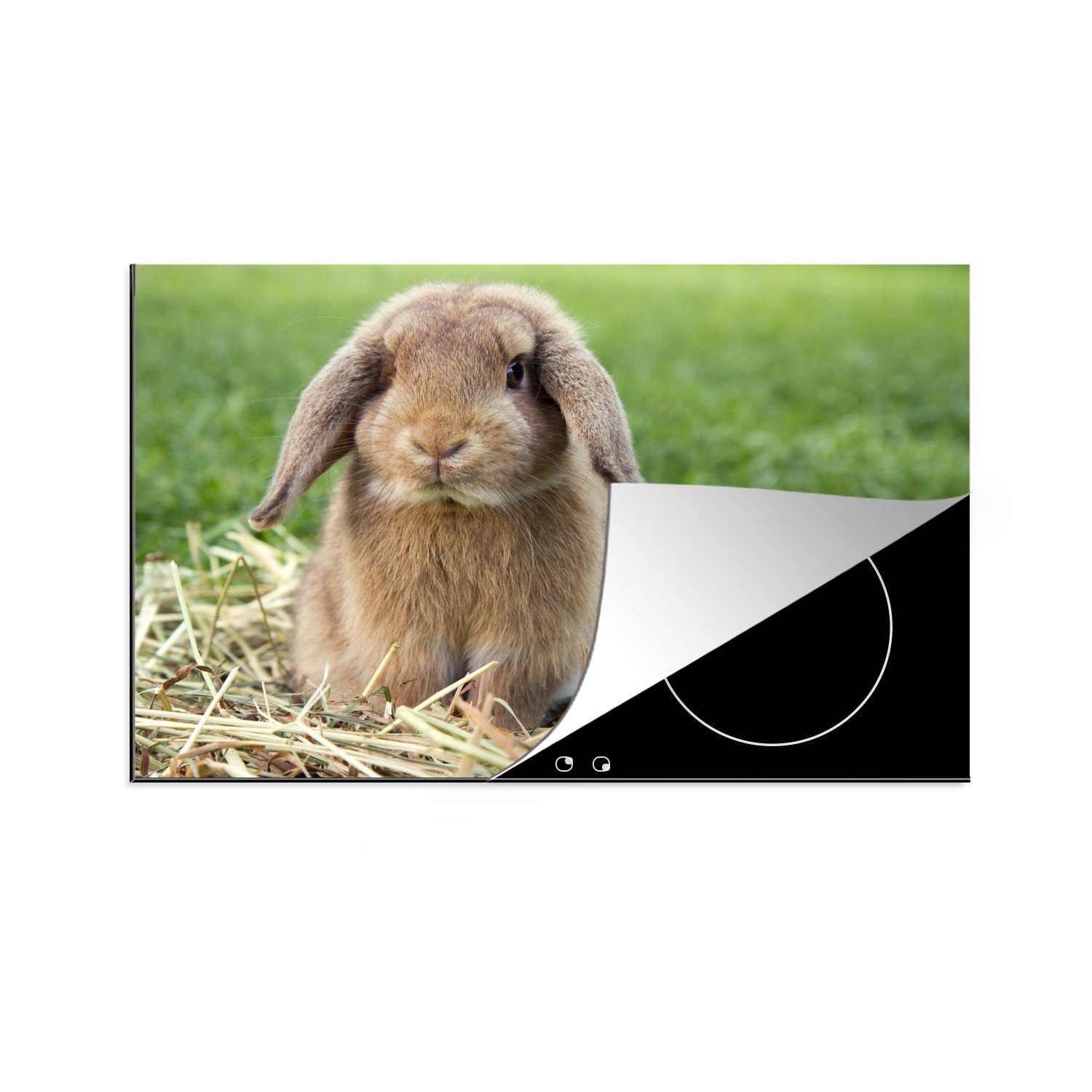 MuchoWow Herdblende-/Abdeckplatte Kaninchen in grüner Landschaft, Vinyl, (1 tlg), 81x52 cm, Induktionskochfeld Schutz für die küche, Ceranfeldabdeckung