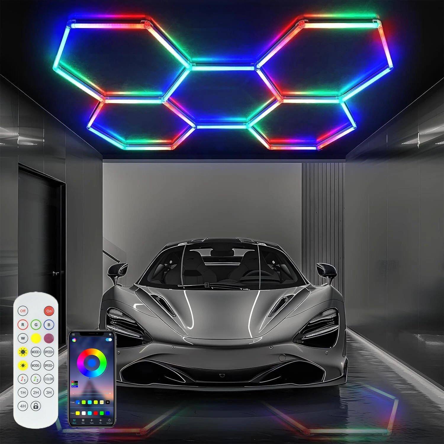 oyajia Deckenleuchten 5er-Pack Hexagon Deckenleuchte RGB LED Garage Light 200W LED Dekolicht, LED fest integriert, RGB, Mudikmodi, RGB, dimmbar, Ideal für Lager Werkstatt Gym, Esports Gaming