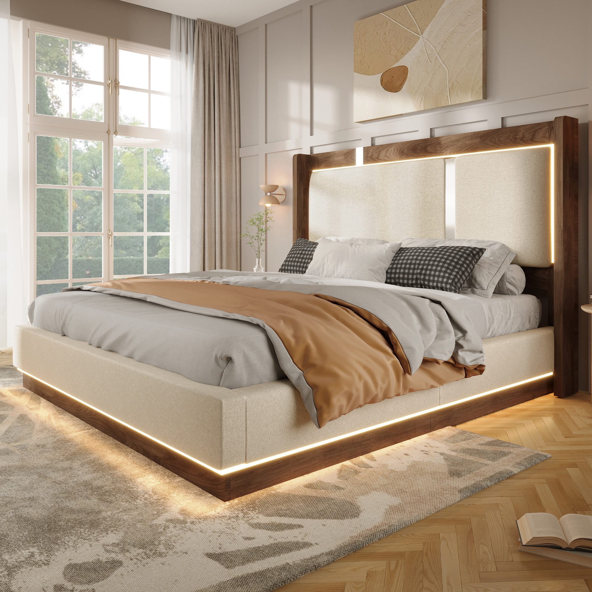 MODFU Polsterbett mit Retro-Look & App-gesteuerter LED (Packung, Beige, Leinen, 140x200 cm), Hydraulik-Bettkasten, ohne Matratze