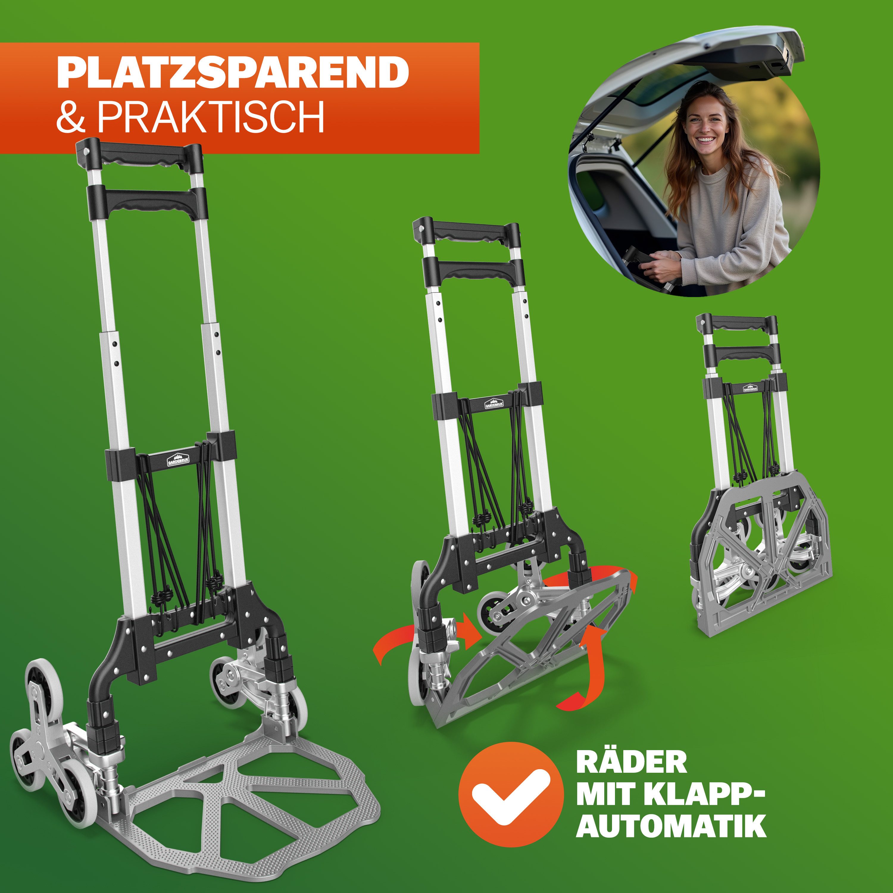 Gardebruk Sackkarre, Aluminium Treppenkarre klappbar 80 kg inkl. Handschuhe Transport