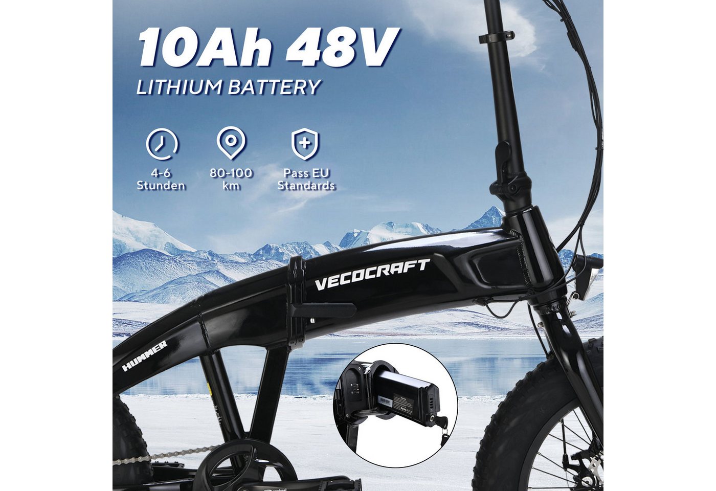 Thumbnail - VECOCRAFT E-Bike Klapprad HUMMER 20Zoll klapprad 20*4 ZOLL, Reichweite bis 70-120KM, 7 Gang Shimano, Kettenschaltung, He...