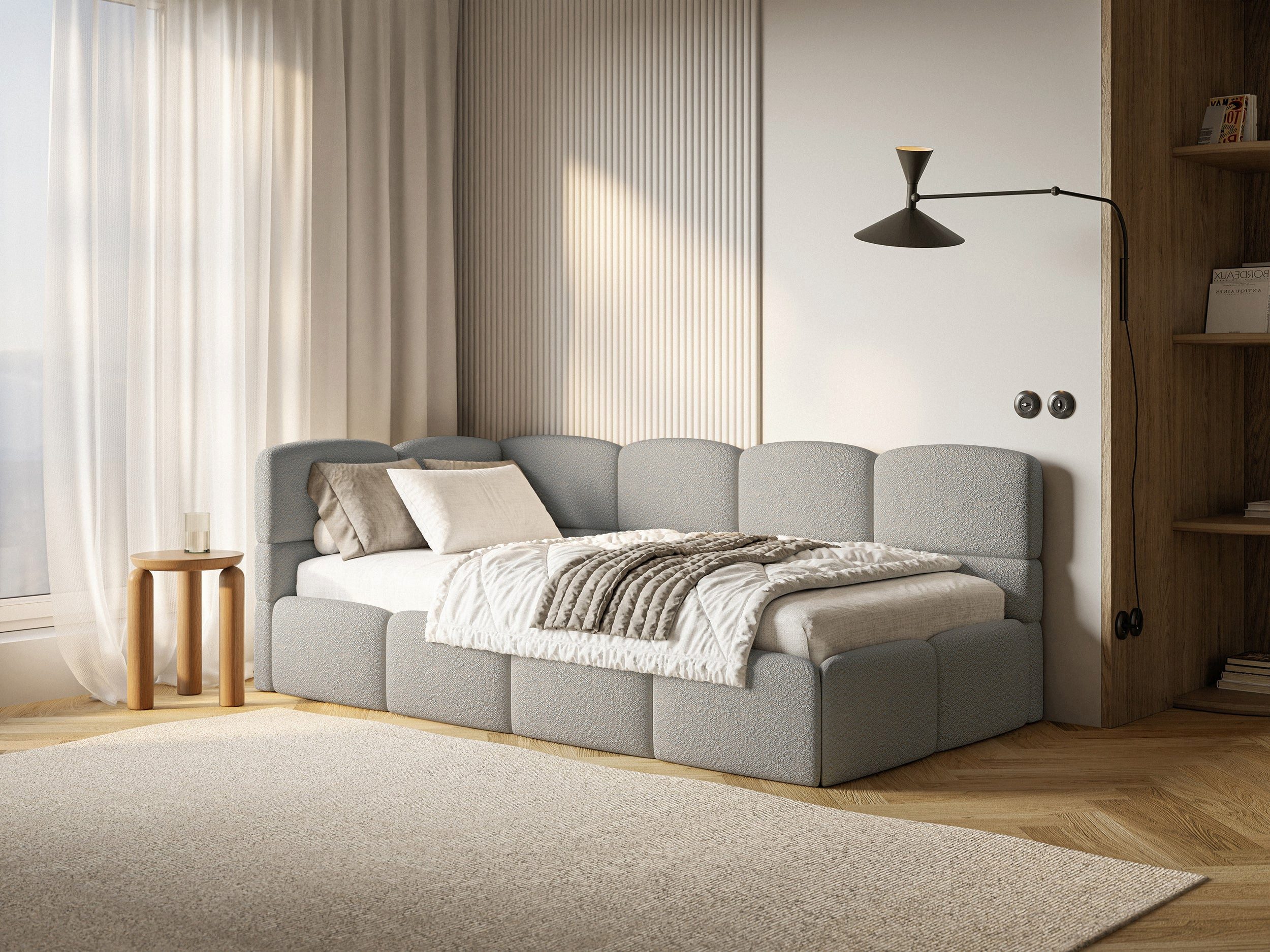Selsey Einzelbett CLOUDY, Einzelbett 120x200, Eck-Kopfteil, Matratze & Bettkasten, Bouclé