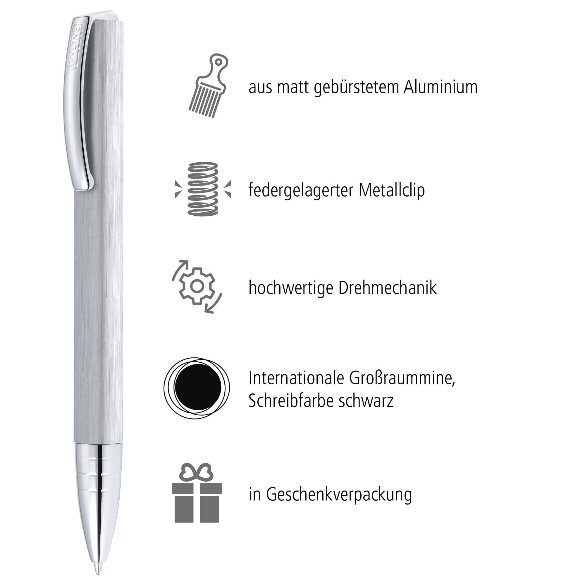 Online Pen Kugelschreiber Vision Drehkugelschreiber, (aus gebürstetem Aluminium, hochwertiger Kugelschreiber mit Drehmechanik), in Geschenkbox