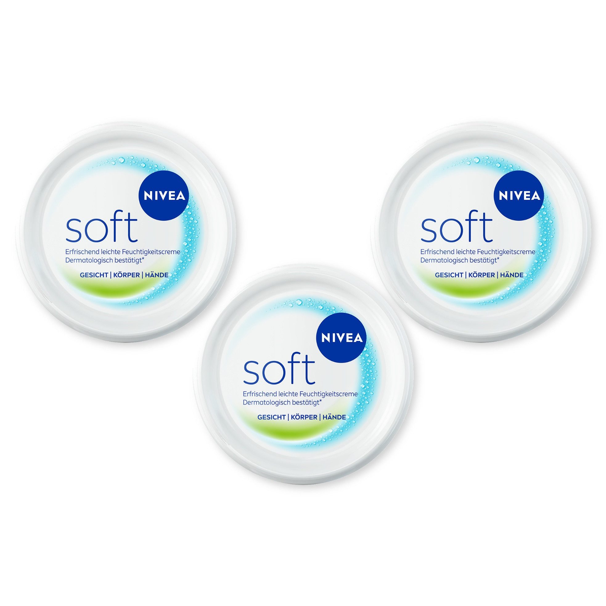 Nivea Tagescreme Creme Soft 3 x 375ml Feuchtigkeitscreme für Gesicht, Körper und Hände, 3-tlg., Vitamin E & 100 % natürliches Jojoba-Öl