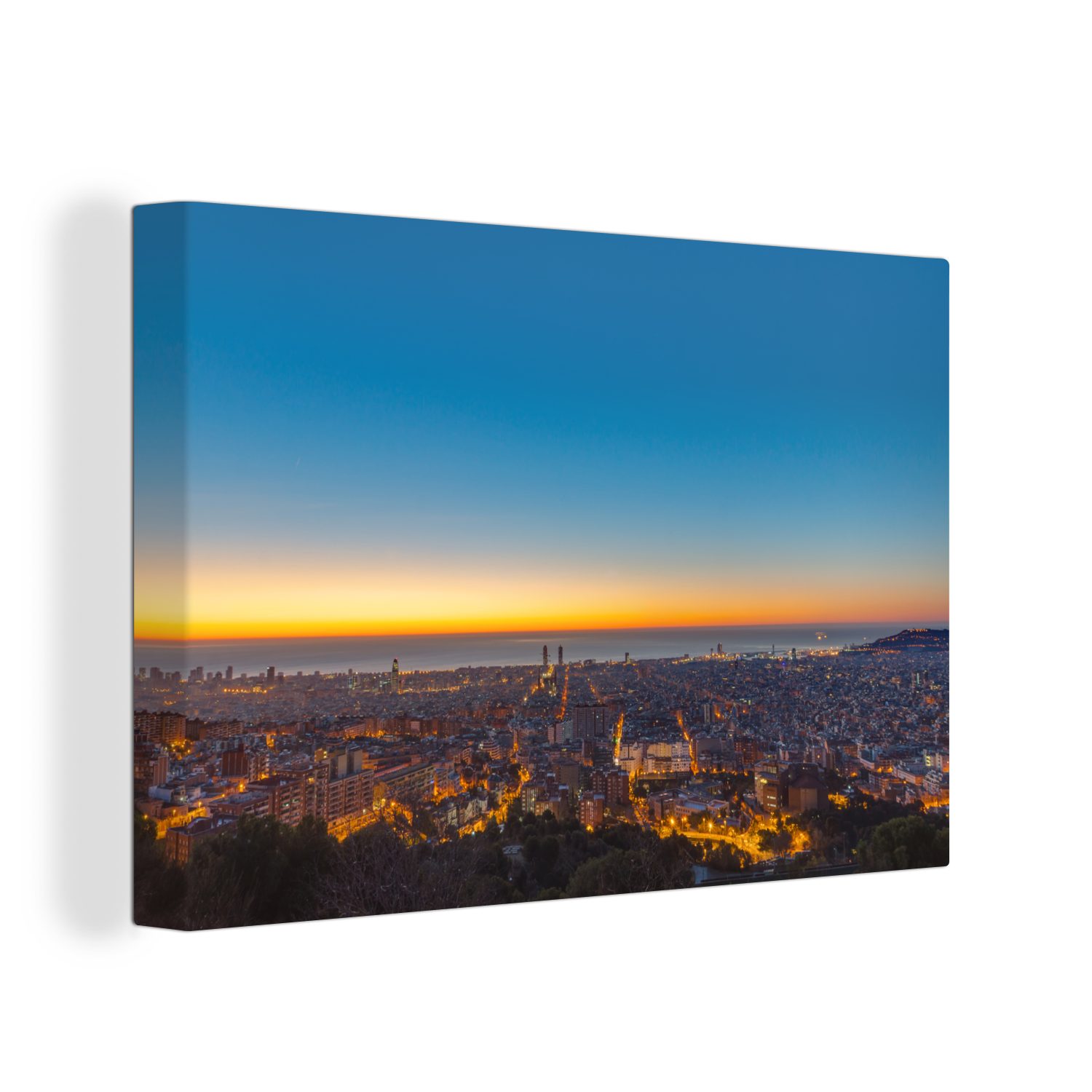 Skyline cm Die Barcelona (1 OneMillionCanvasses® 30x20 Leinwandbilder, Wanddeko, Aufhängefertig, Abend, von Leinwandbild St), Wandbild am