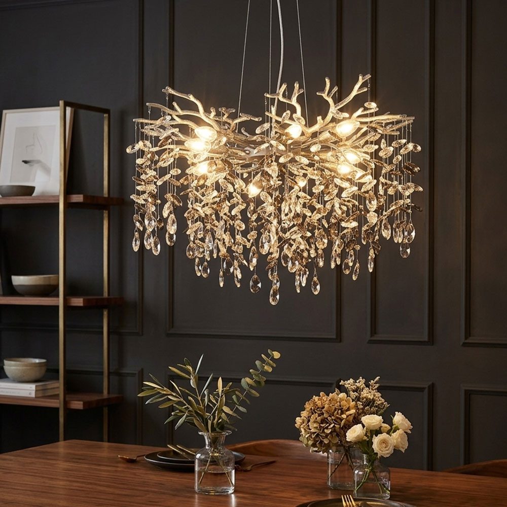 GLOBO LIGHTING Kronleuchter, Leuchtmittel inklusive, Warmweiß, LED Pendelleuchte Kronleuchter silber Glaskristalle rauchfarben