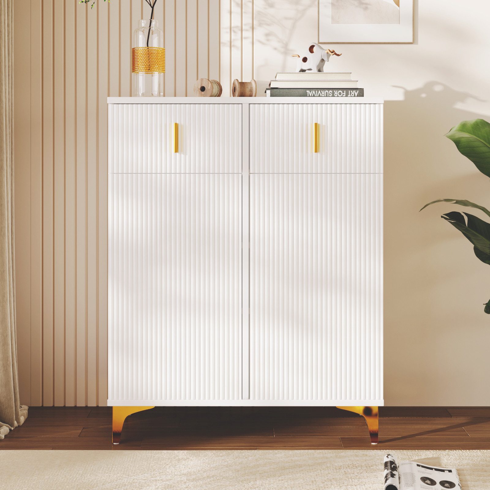 Simurq Schuhschrank Sideboard Weiß mit goldfarbene Beine Kommode Mit Soft-Close,Push-to-open