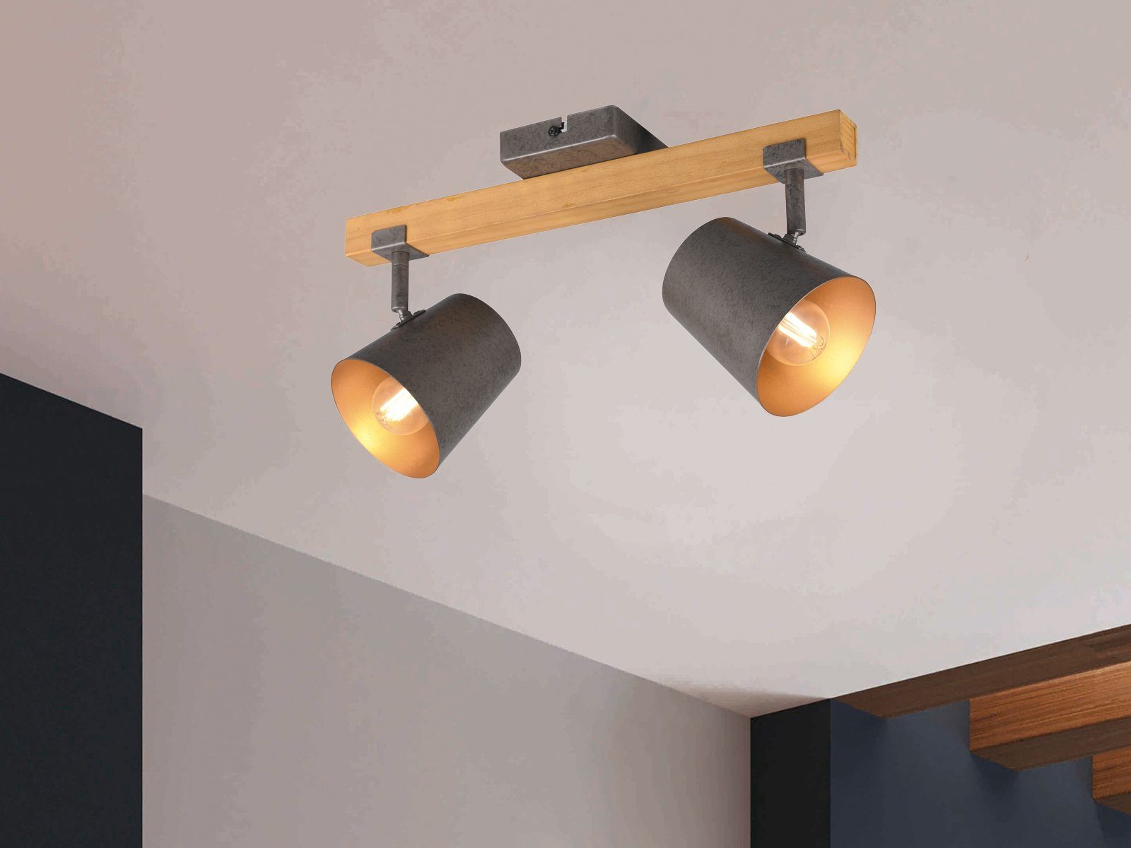 TRIO Leuchten LED Deckenstrahler, Dimmfunktion, LED wechselbar, Warmweiß, ausgefallene Decke-nleuchten Holz-lampe Industrial Style Breite 42,5cm
