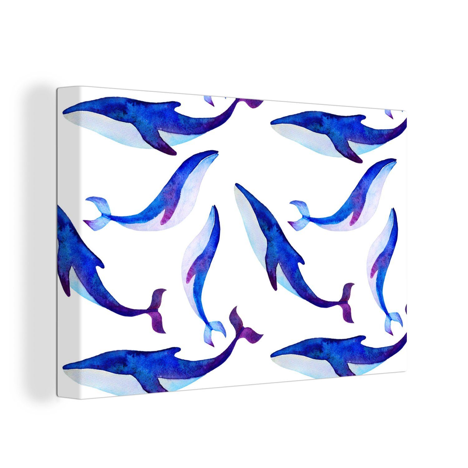 OneMillionCanvasses® Leinwandbild Illustration mit einem Muster von blauen Walen auf einem weißen, (1 St), Wandbild Leinwandbilder, Aufhängefertig, Wanddeko, 30x20 cm | Leinwandbilder