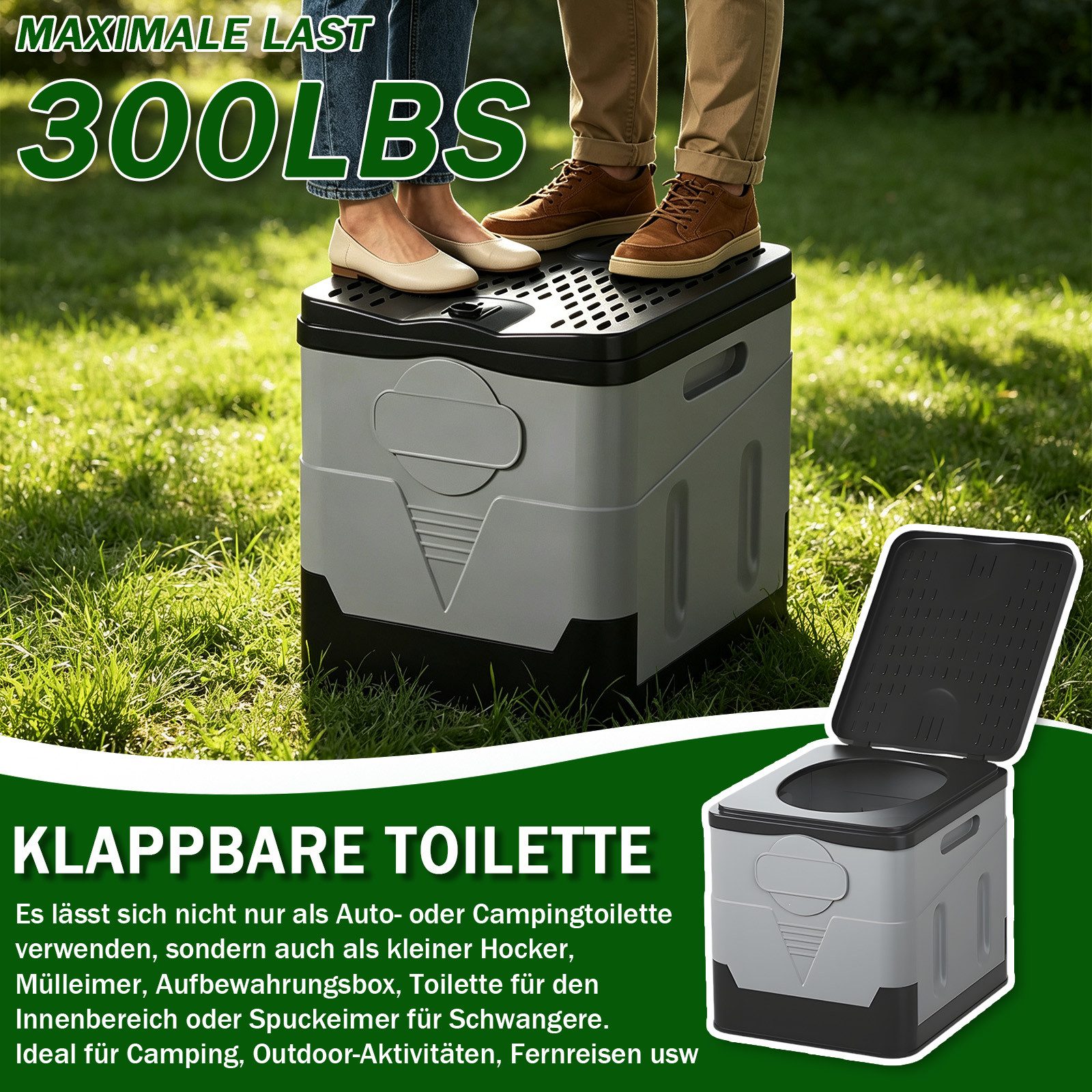 AKKEE Campingtoilette Faltbare Mobile Toilette Campingtoilette max 150 kg 20L, Für Camping und lange Reisen