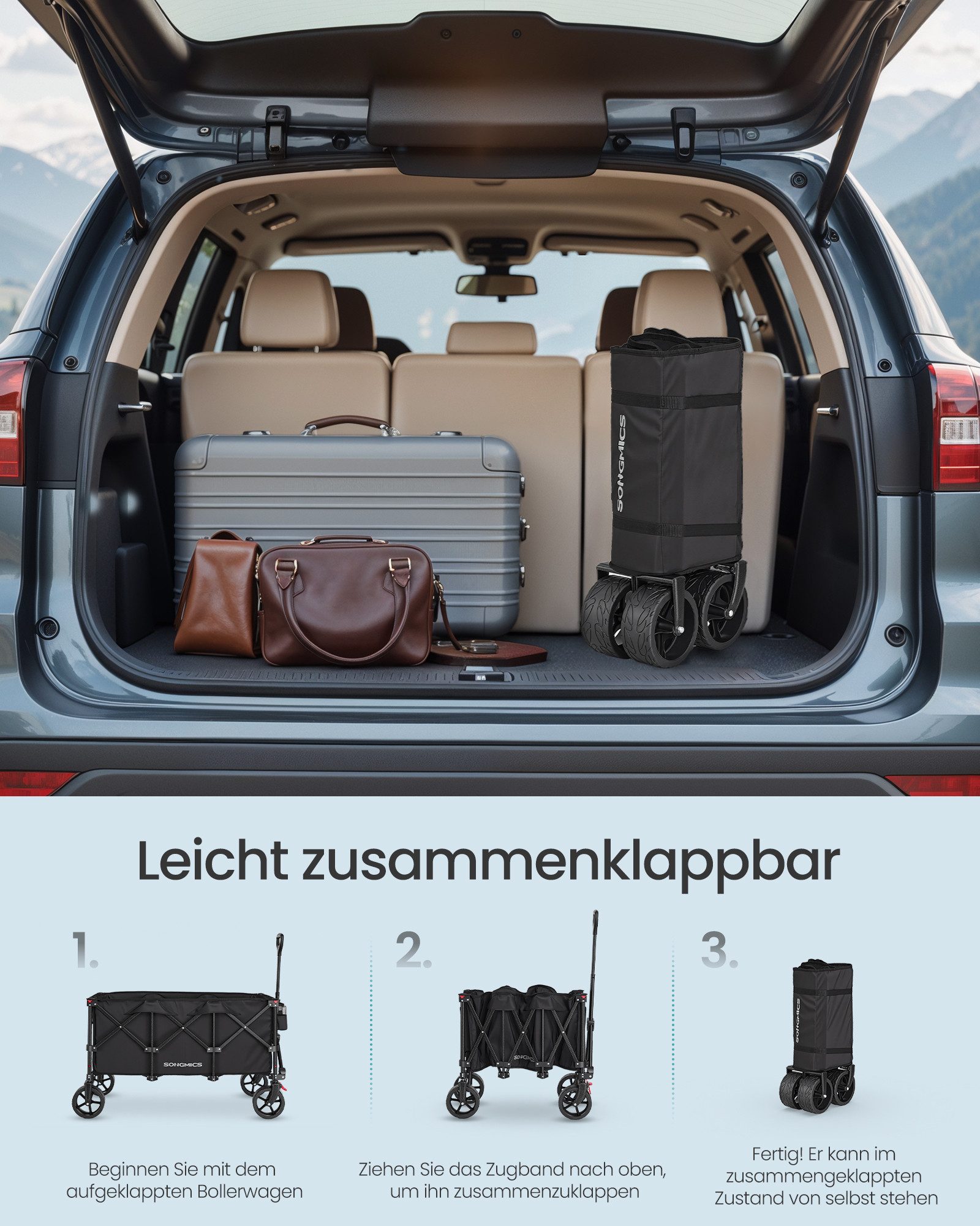 SONGMICS Handwagen altbarer Handwagen/Bollerwagen, Gartenwagen mit Griff, 200 L, bis 150 kg belastbar, Outdoor, Garten, mit Griff, Gartenwagen – Bild 4 von 5