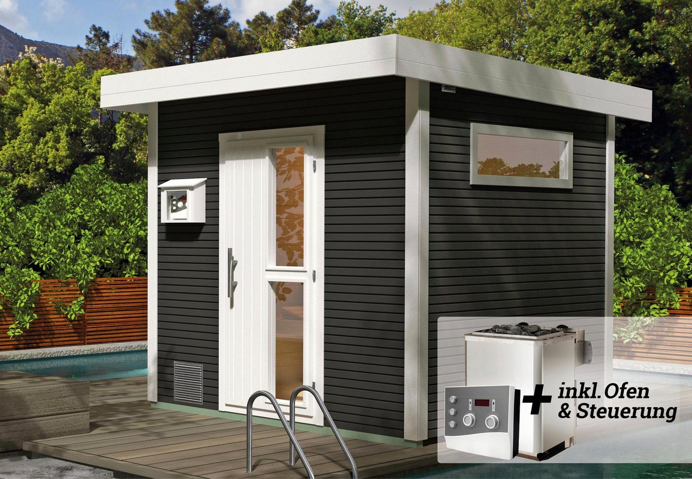 Thumbnail - weka Saunahaus Kuopio, BxTxH: 263 x 298 x 253 cm, 45 mm, (Set) 9 kW-Ofen mit analoger Steuerung