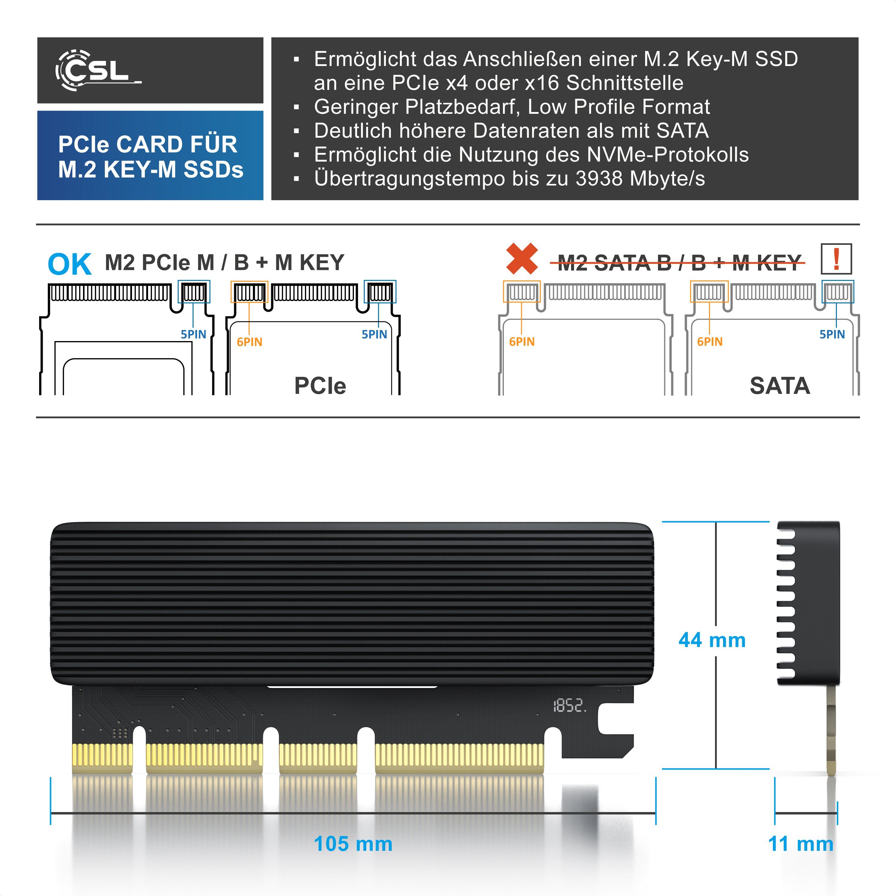 CSL PCIe Adapterkarte für M.2 NVMe SSD Computer-Adapter PCIe zu M.2 (M-Key), PCIe Karte, Erweiterungskarte für M.2 Key-M SSDs, NVMe Standard – Bild 4 von 5