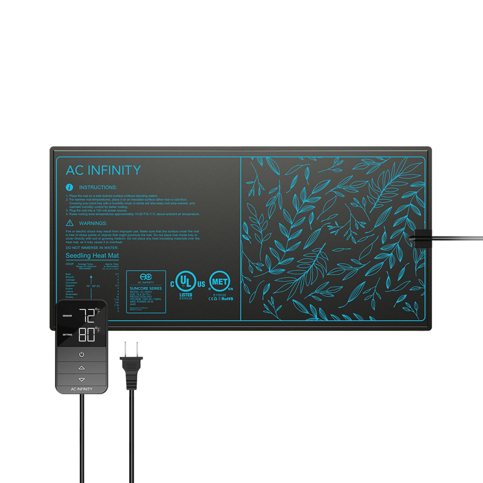 AC INFINITY Heizmatten AC Infinity Heizmatte SUNCORE H3 25,4 x 52,7 cm, 2-tlg., Bis zu 11 °C zusätzliche Wurzelwärme