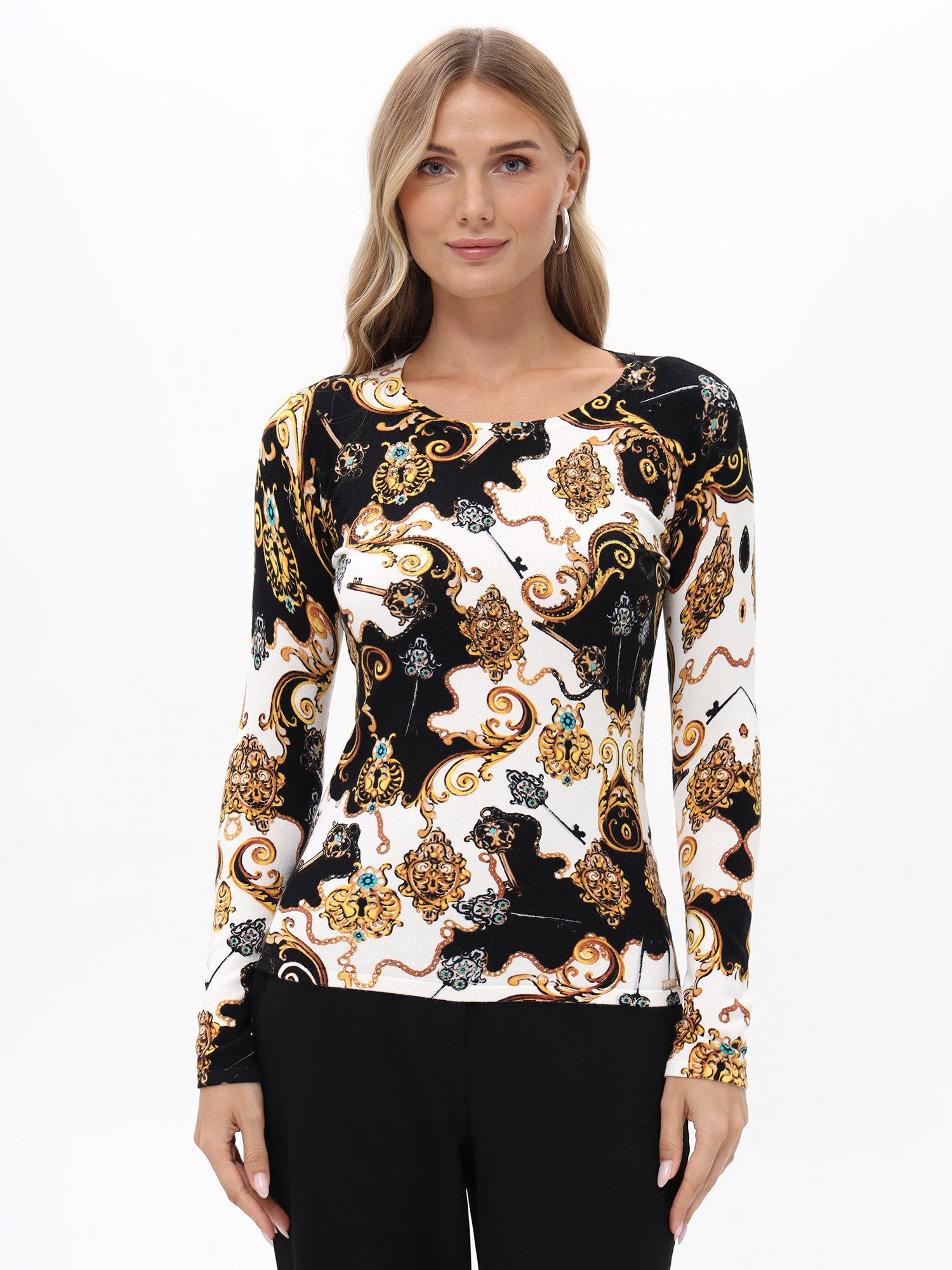 Passioni Strickpullover in schwarz weiß mit goldfarbenen Ornamenten günstig online kaufen