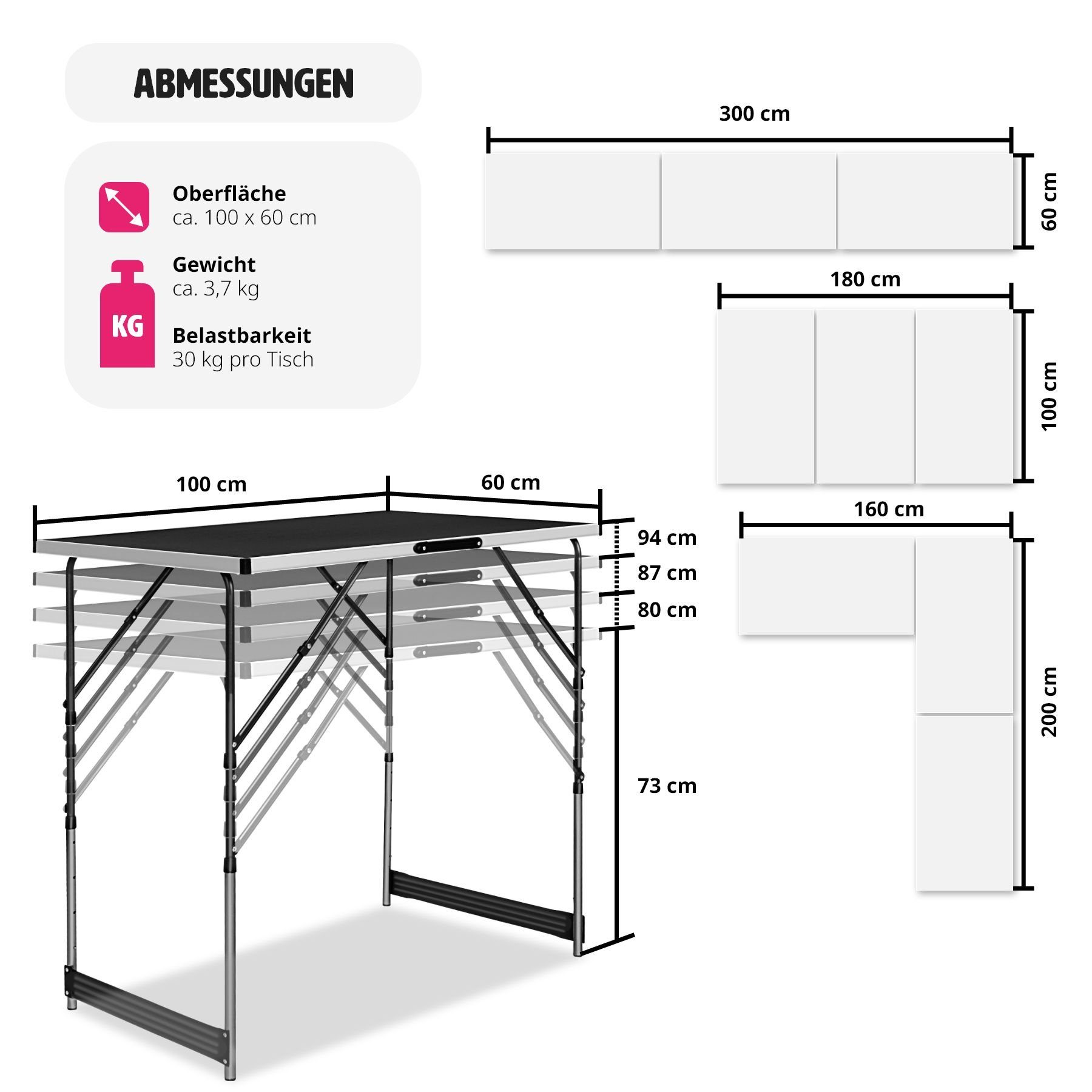 tectake (3-St., Tapeziertische 3 3 Tapeziertisch tlg)