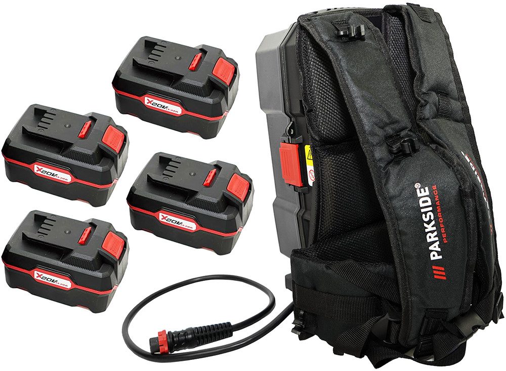 PARKSIDE PERFORMANCE® 20V/40V Akku Rucksack PPRA 20 + 4x PARKSIDE® 4Ah Akku Akku-Set (20 V), Bietet Steckplätze für bis zu vier X20V-Akkus