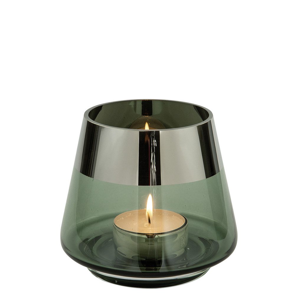 Fink Teelichthalter JONA Teelichthalter - H.13cm x D.15cm - Glas - dunkelgrün/silber (Teelichtglas - Teelichtkerzenhalter), Windlicht Teelicht Kerzenhalter - Eleganter Kerzenleuchter für Zuhause