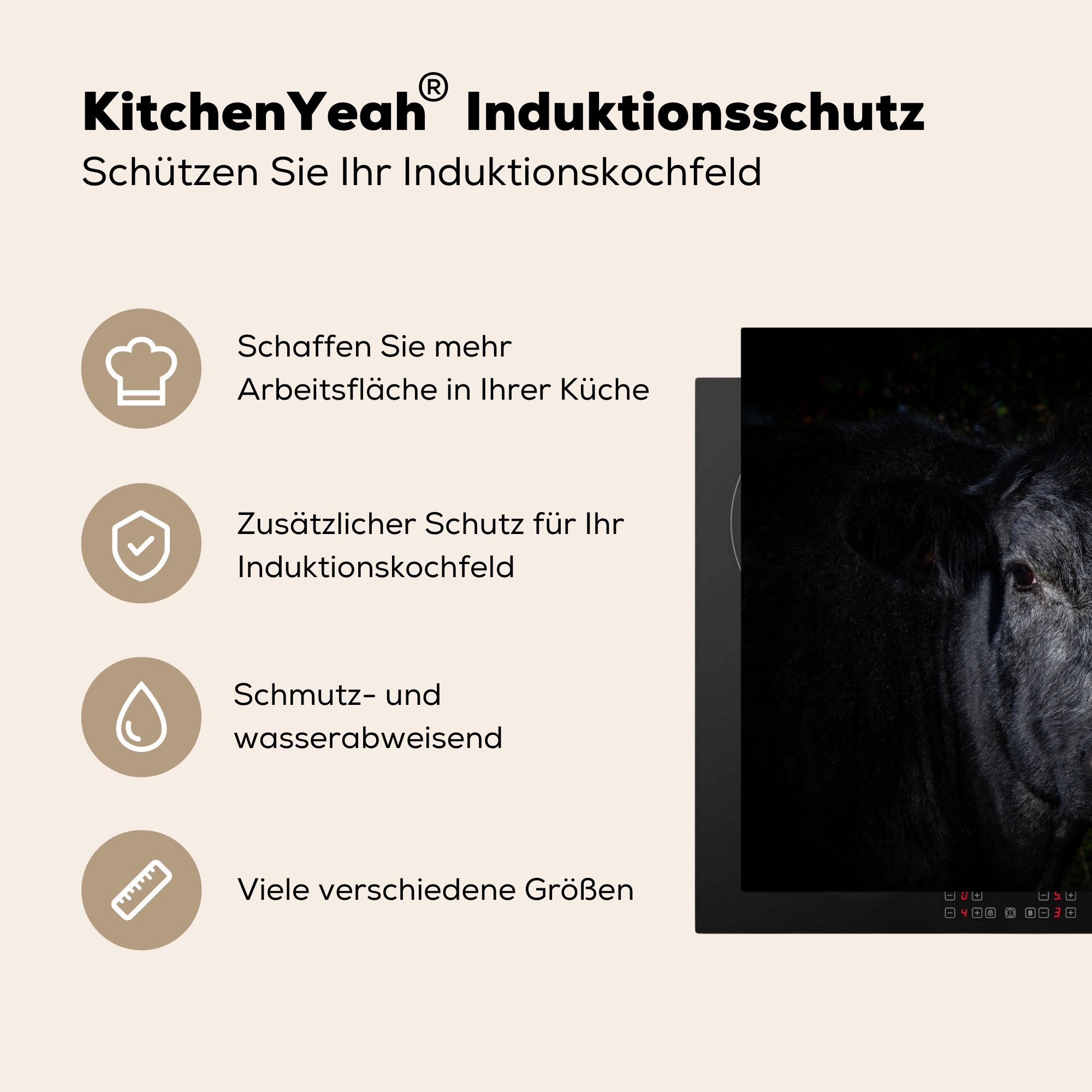 MuchoWow Herdblende-/Abdeckplatte cm, Hintergrund, Angus-Rindfleisch auf für schwarzem küche Arbeitsplatte 78x78 (1 tlg), Vinyl, Ceranfeldabdeckung