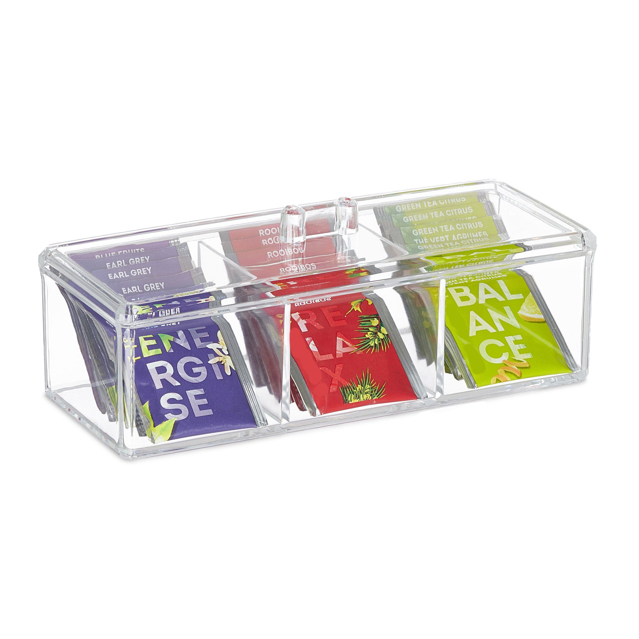 relaxdays Teebox Transparente Teebox Fächern, 3 mit Kunststoff