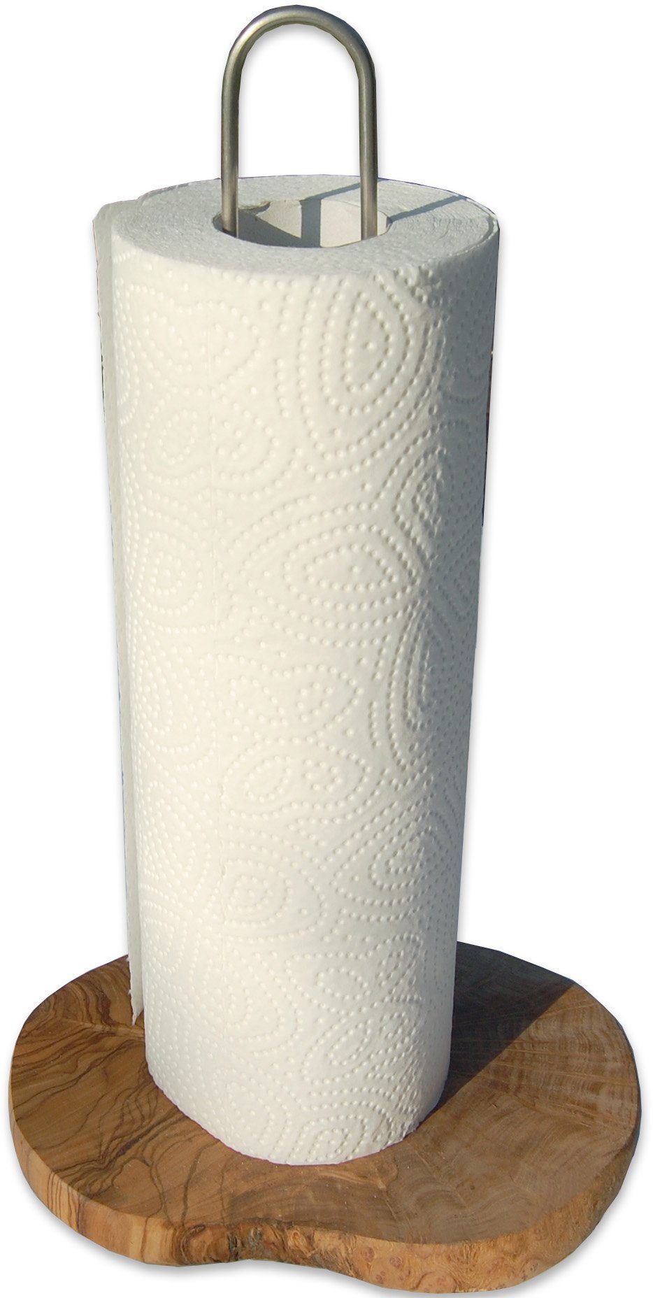 Olivenholz-erleben Küchenrollenhalter DESIGN mit Edelstahlstangen und Olivenholz, (1-St), Fuß aus rustikaler Olivenholzscheibe, Edelstahlstangen, Höhe ca. 33 cm