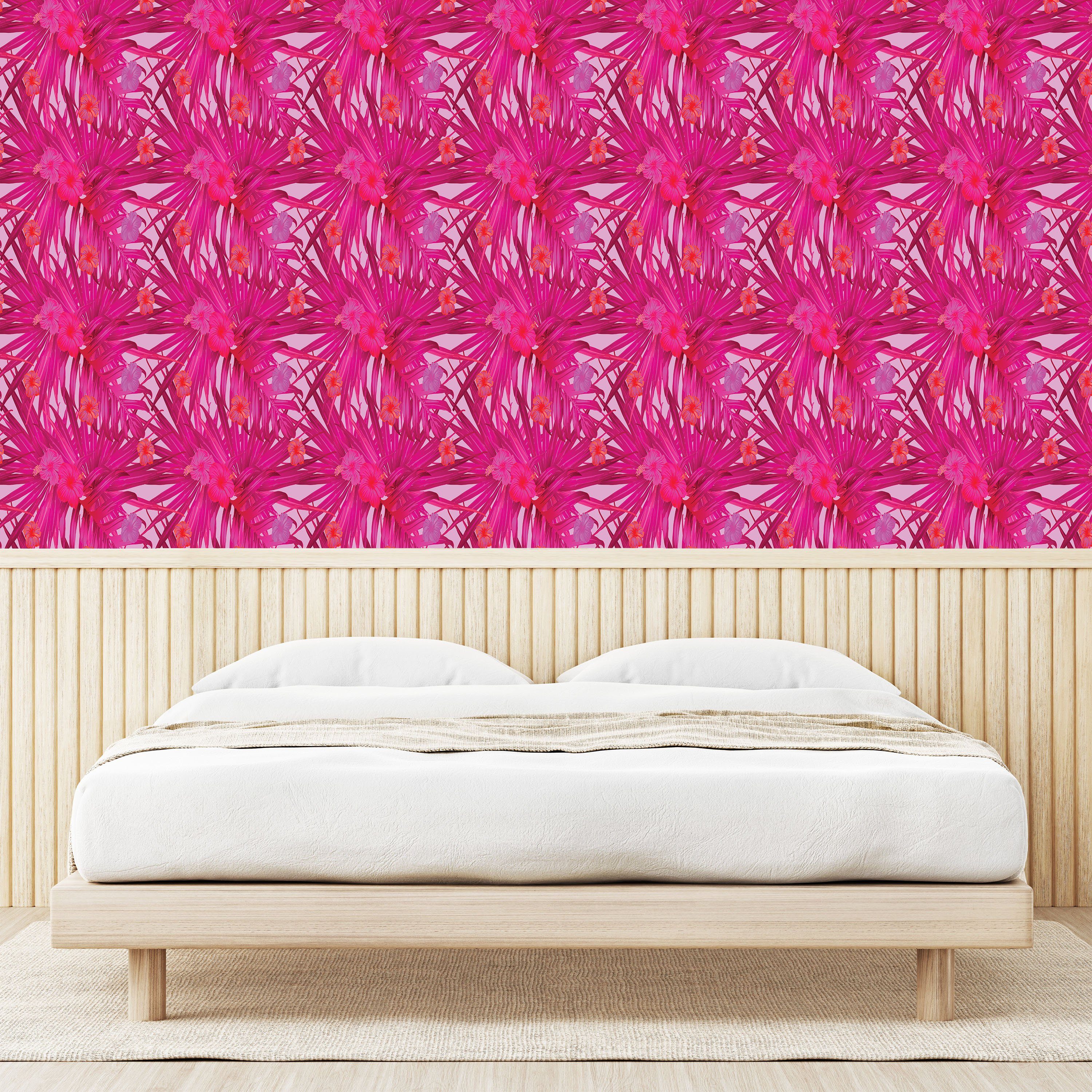 Abakuhaus Vinyltapete selbstklebendes Wohnzimmer Tropical Küchenakzent, Monstera Hibiskus Magenta