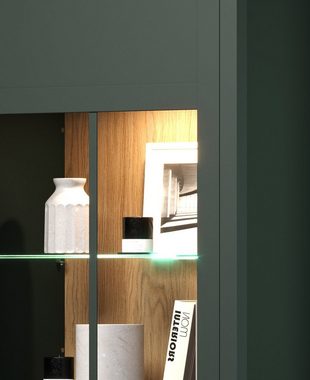 Furn.Design Standvitrine Stanton (Vitrinenschrank in Landhaus grün mit Eiche, 69 x 198 cm) inklusive Beleuchtung