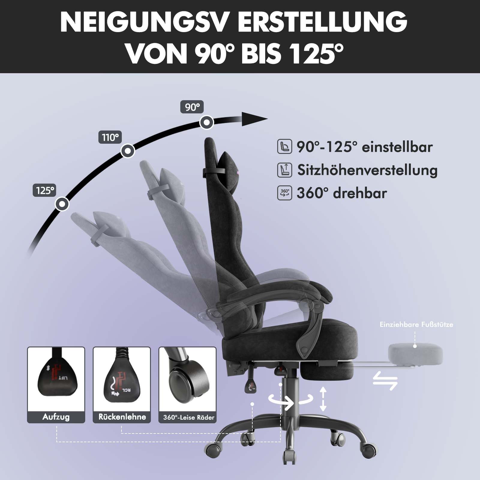 Ferghana Gaming-Stuhl Gaming-Stuhl: Kopfstütze, Lendenkissen, Armlehnen, Fußstütze (Packung), Ergonomischer PC-Stuhl,Rückenlehne 90°-125° – Bild 5 von 5