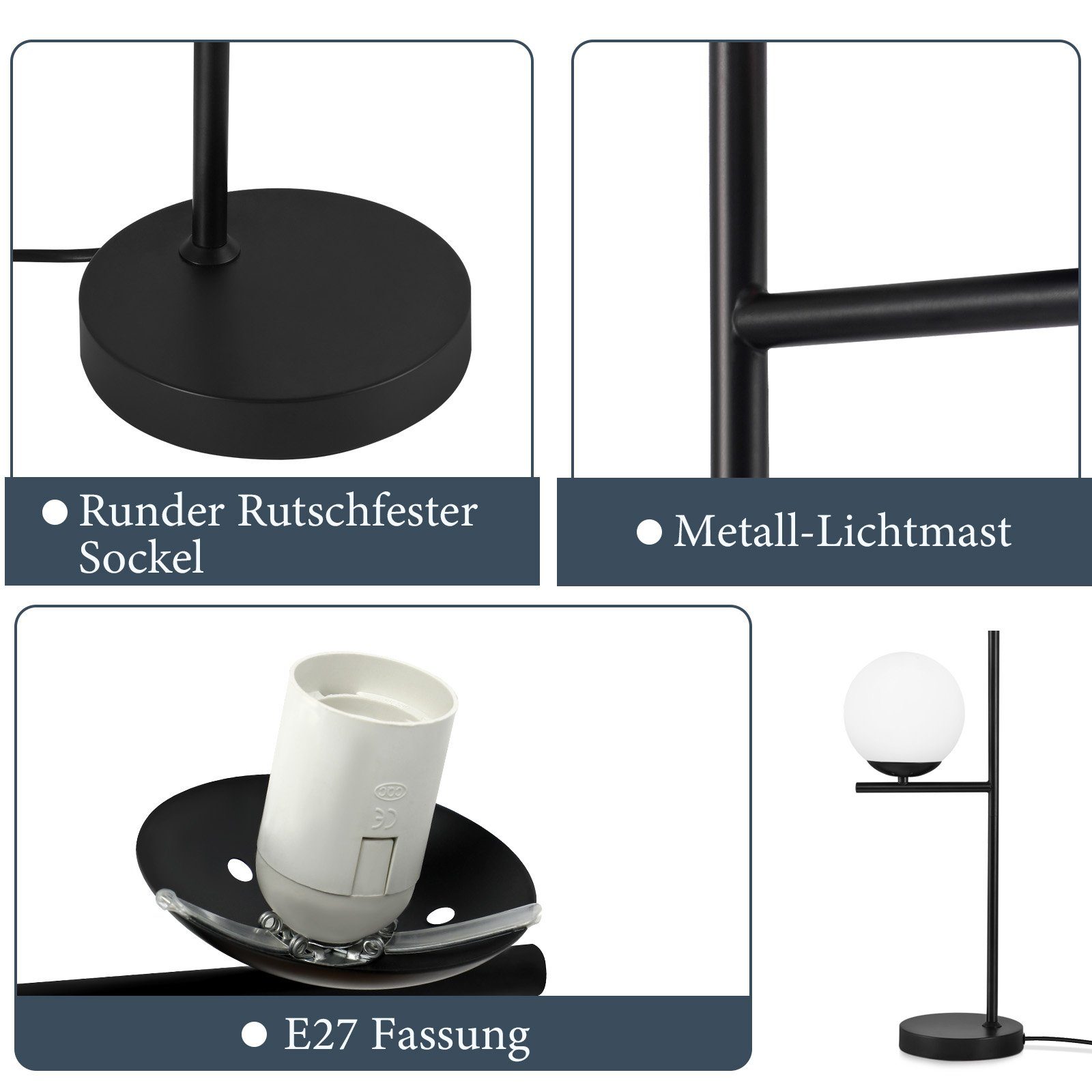 Nettlife Tischleuchte Schwarz/gold Glas Metall Modern E27 Fassung Schalter Nachttischlampe, LED wechselbar, Wohnzimmer Schlafzimmer Kinderzimmer Büro – Bild 4 von 5
