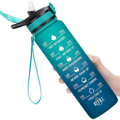 MODFU Trinkflasche Sport Wasserflasche Sportflasche Auslaufsicher 1 Liter BPA-Frei 1L, Zeitmarkierung und Strohhalm Fitness Outdoor Camping Fahrrad Wandern