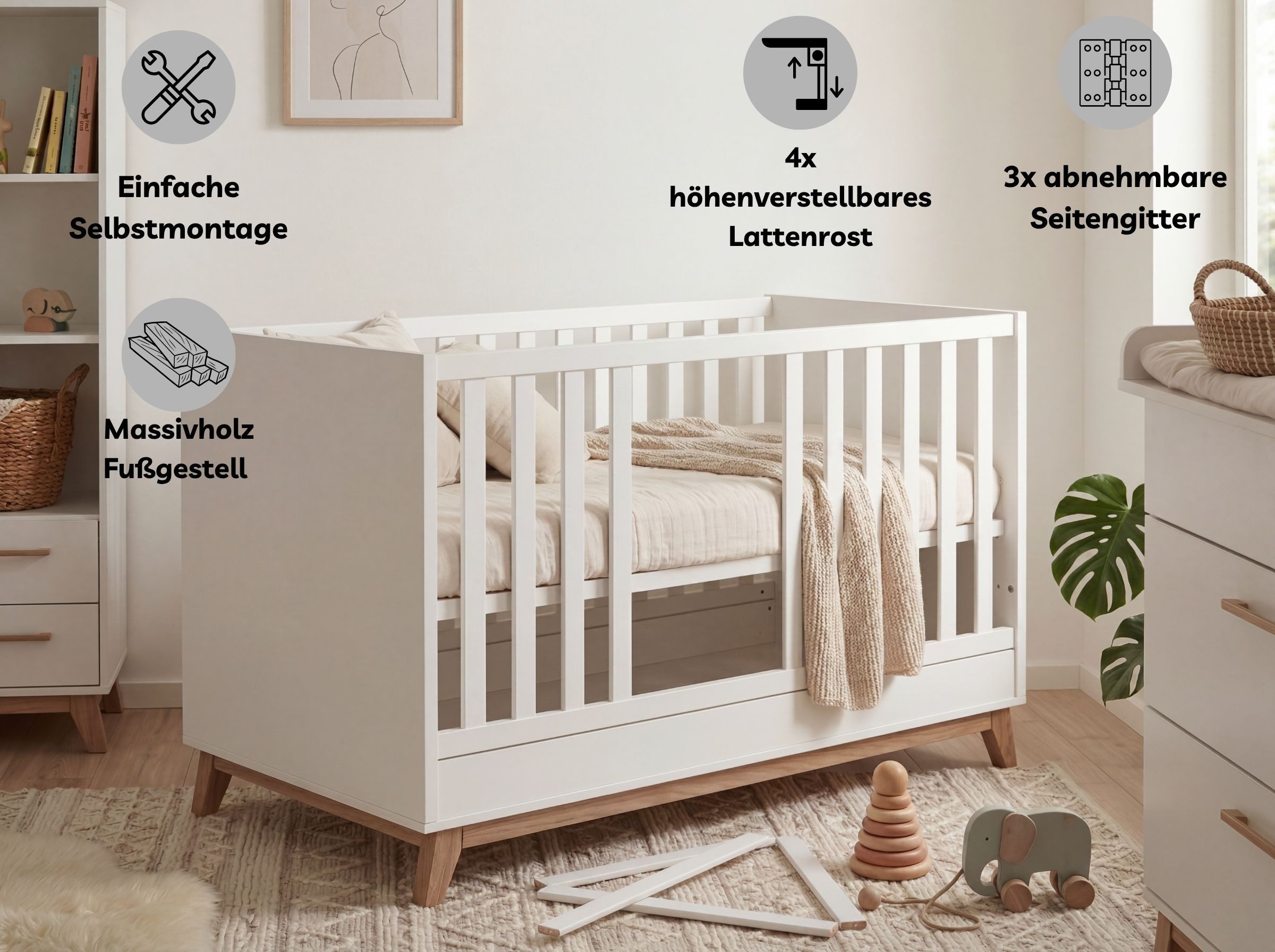 arthur berndt Babybett Lina, 4x höhenverstellbar Lattenrost, Made in Germany