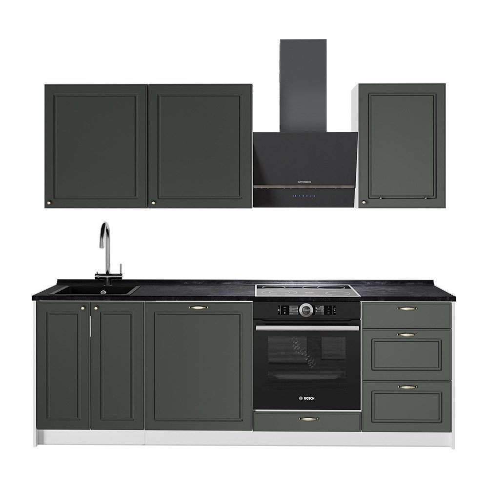 Vicco Küchenzeile Fame-Line, Grün-Gold Landhaus/Weiß, 230 cm ohne Arbeitsplatte