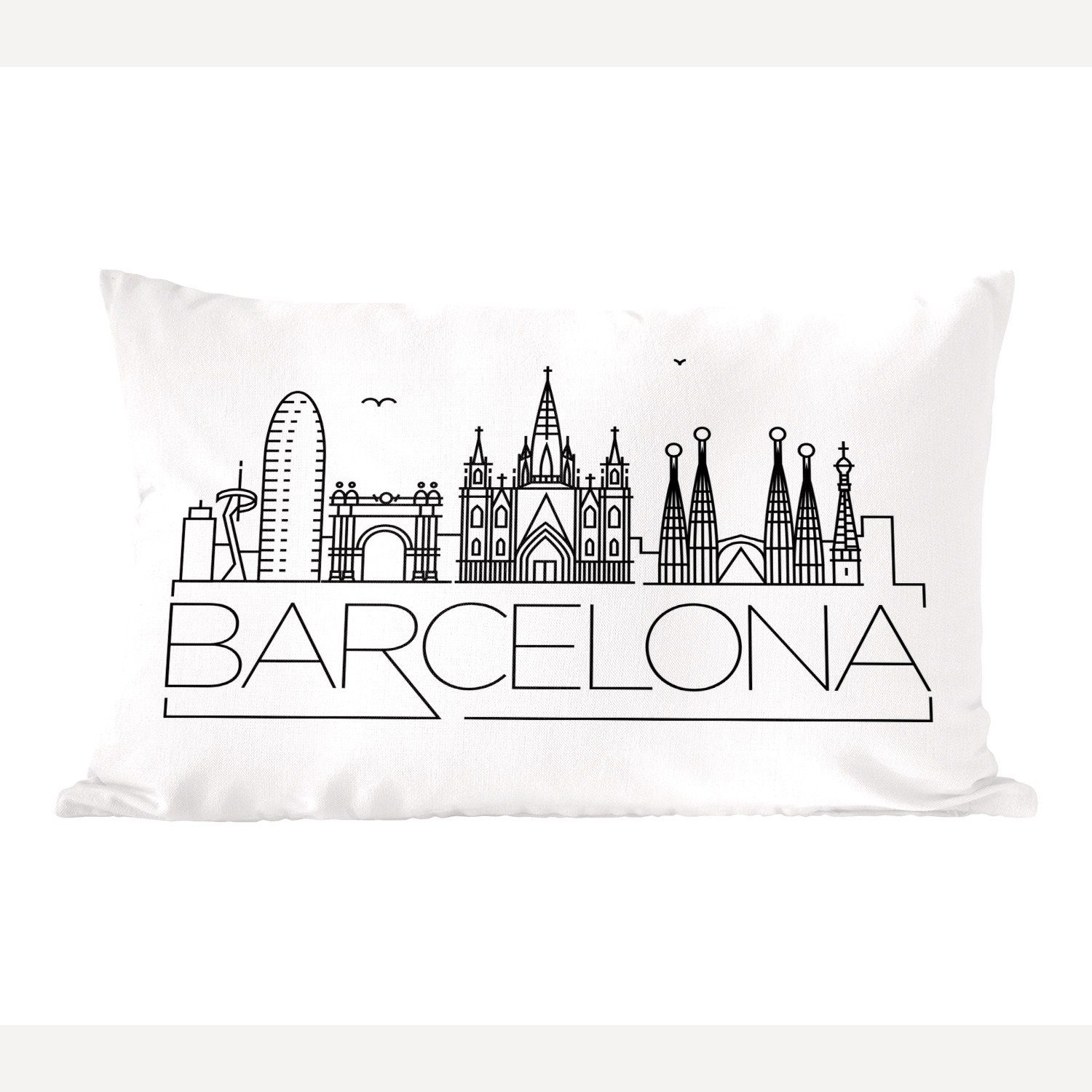 MuchoWow Dekokissen Skyline "Barcelona" schwarz auf weiß, Wohzimmer Dekoration, Zierkissen, Dekokissen mit Füllung, Schlafzimmer