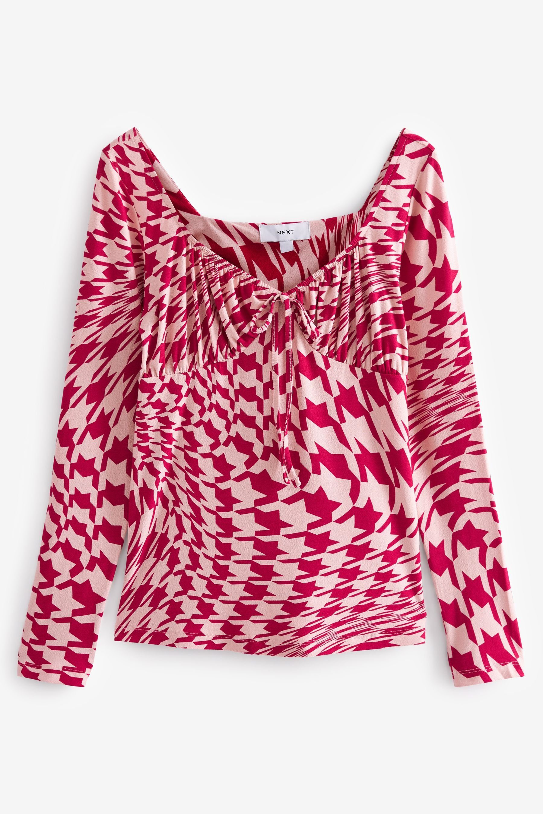 Next Blusenshirt Langärmeliges Shirt mit eckigem Ausschnitt (1-tlg) Red/Pink Houndstooth