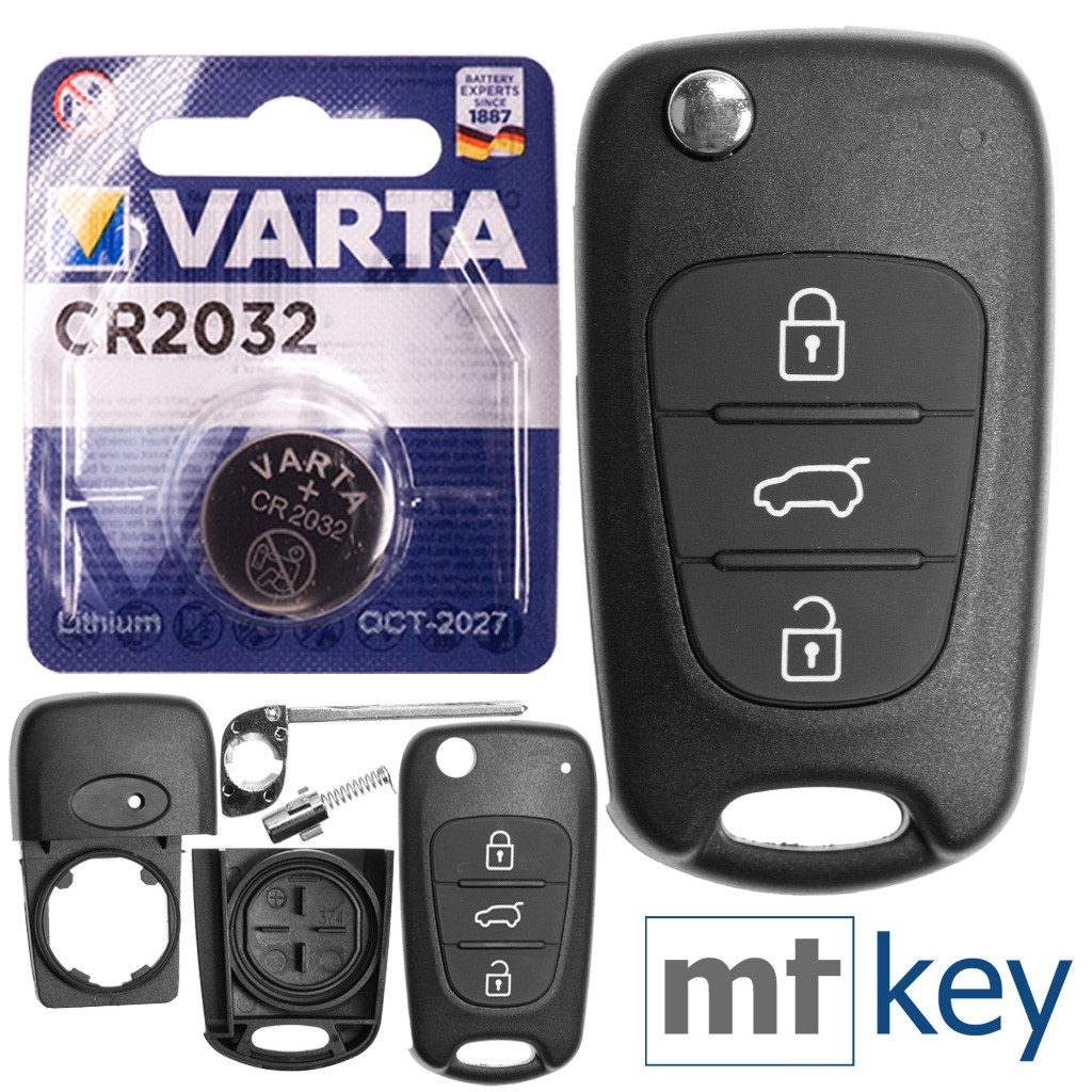 mt-key Auto Klapp Schlüssel Ersatz Gehäuse 3 Tasten + Rohling + VARTA CR2032 Knopfzelle, CR2032 (3 V), für KIA RIO III CEED I SPORTAGE III SOUL I Funk Fernbedienung