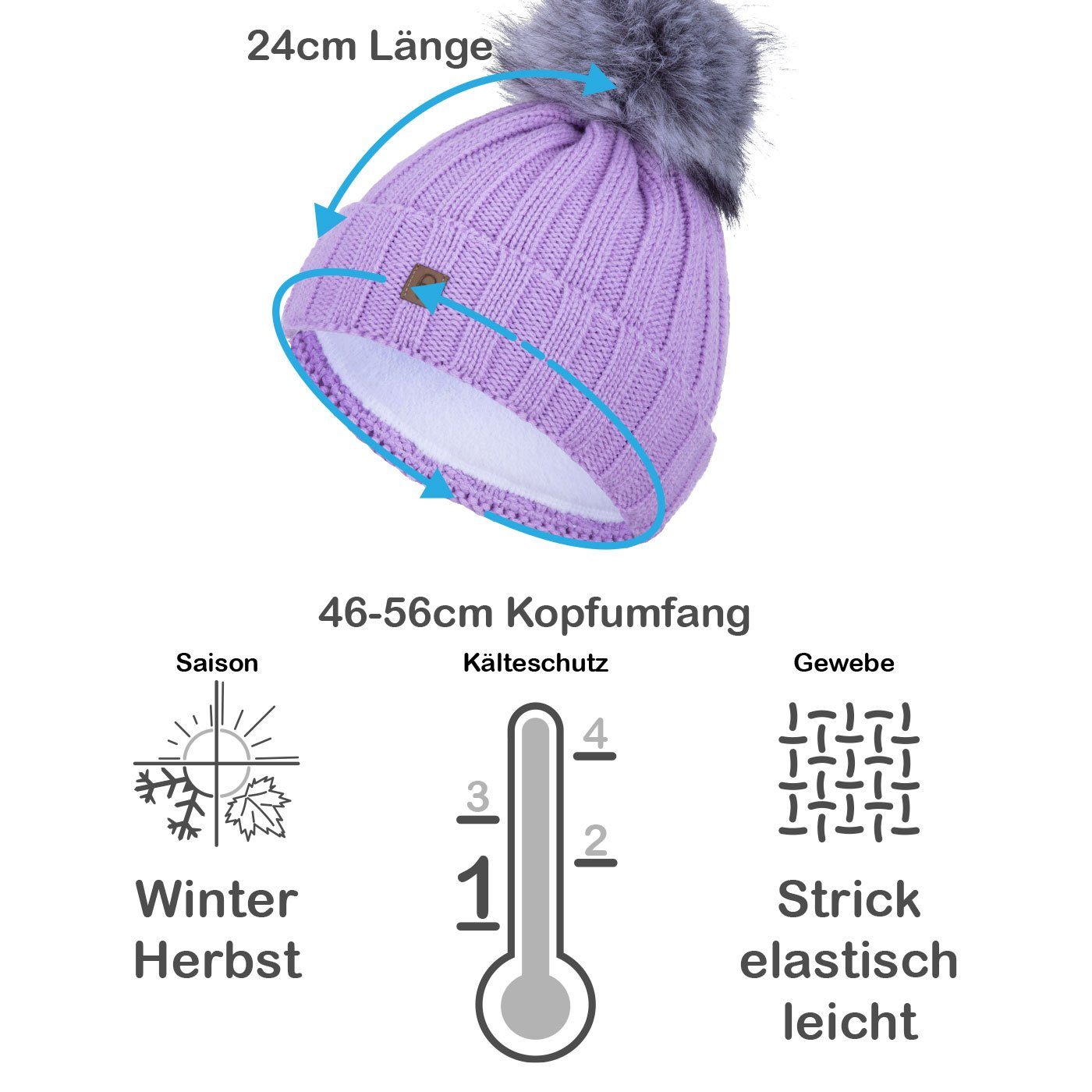 Winter (1-St) lila Damen Bommelmütze Beanie Strickmütze Herren Faera Wintermütze Mütze