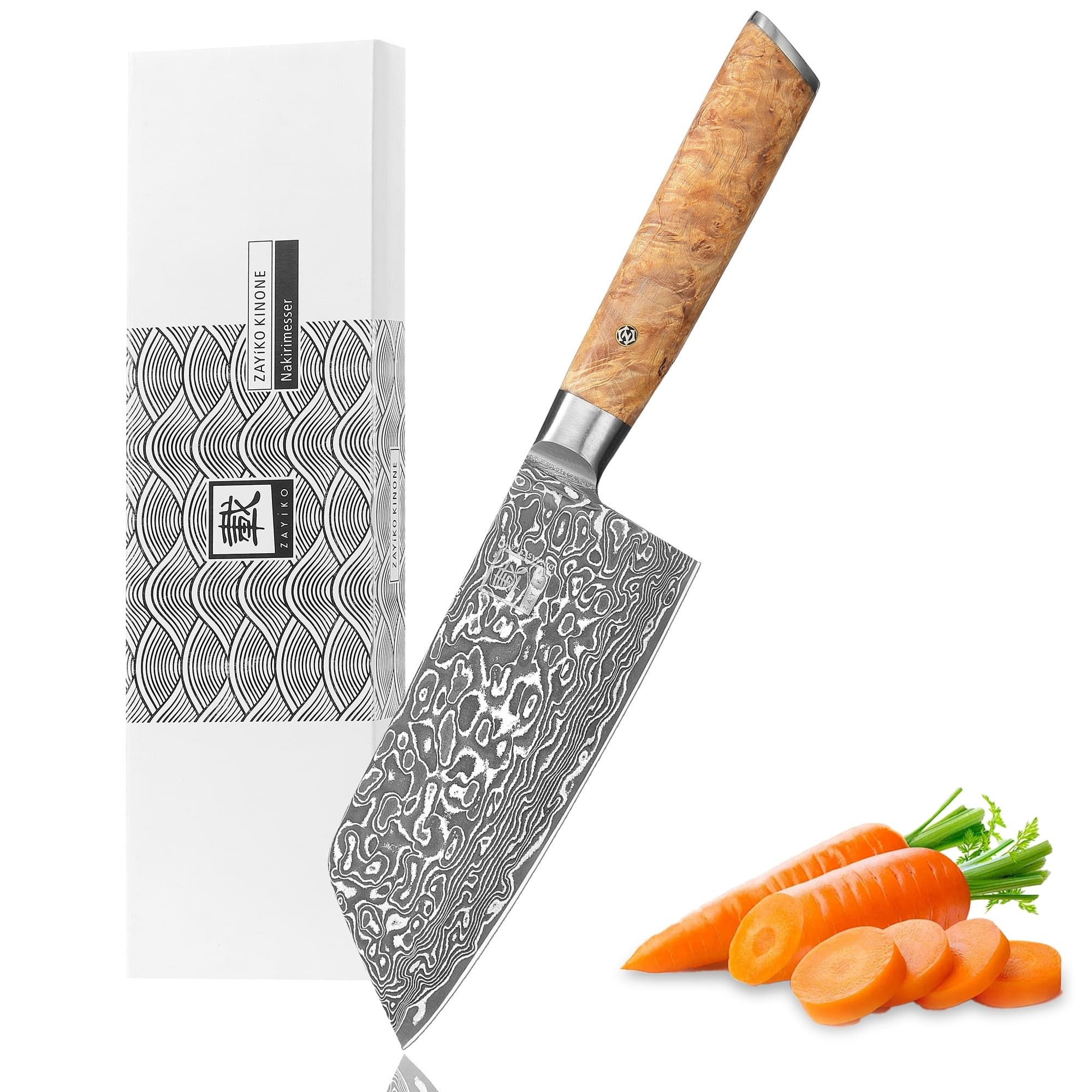 ZAYIKO Asiamesser Kinone Damast Накири нож Küchenmesser 16 cm Klinge Wurzelholzgriff, schwarzer Damaststahl, VG10-Kern