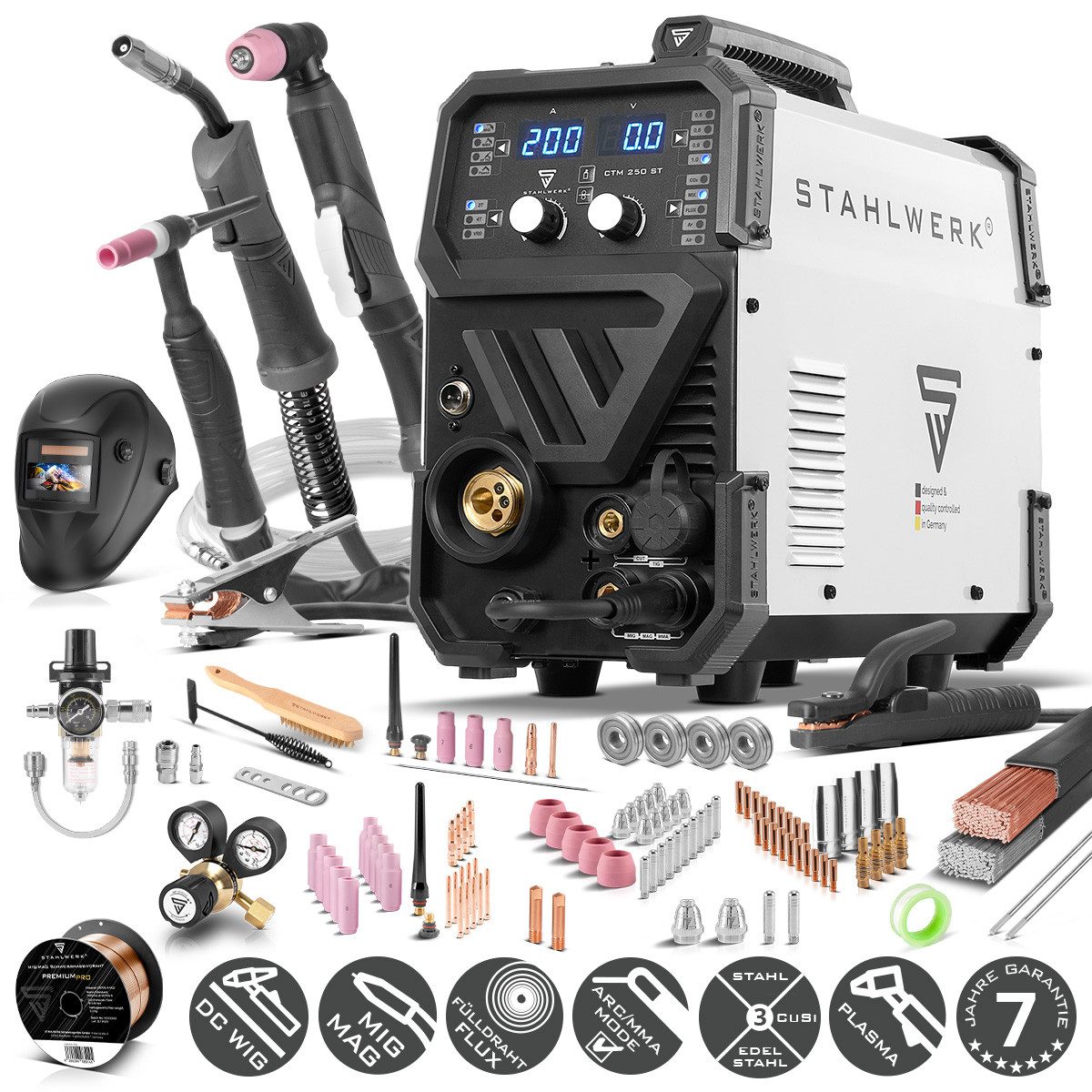 STAHLWERK Inverterschweißgerät CTM-250ST 6 in 1 Kombigerät - Vollausstattung, 10 - 200 A, Packung}, 28-tlg., Vollausstattung, Synergisches Kombi-Schweißgerät MIG + MAG + FLUX Fülldraht + DC WIG